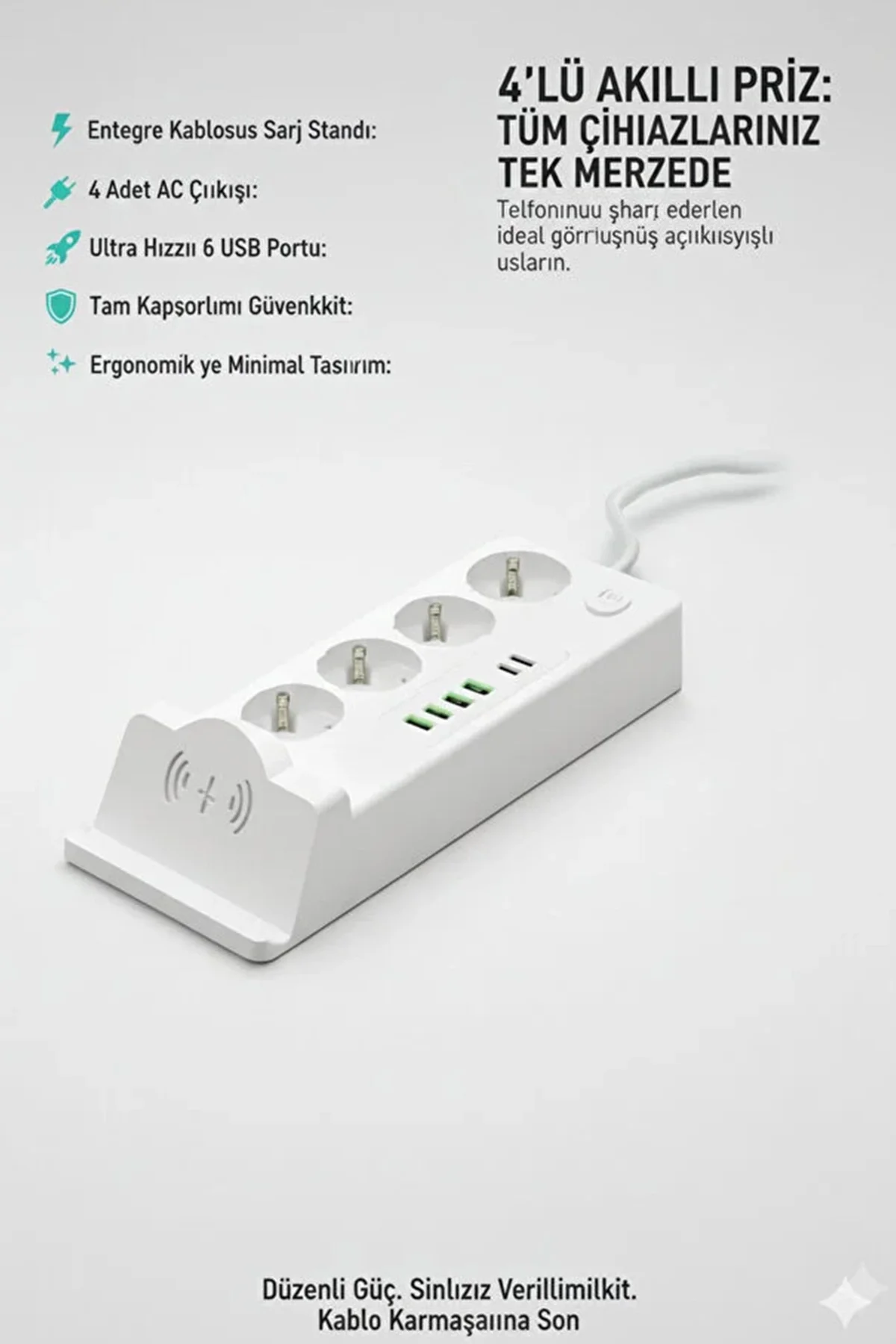 Akım Korumalı Priz Ve Masaüstü Şarj İstasyonu Kablosuz 4 Priz ,4 Usb, 2 Type-c Girişli 2 Metre Akım Korumalı Priz Ve Masaüstü Şarj İstasyonu Kablosuz 4 Priz ,4 Usb, 2 Type-c Girişli 2 Metre