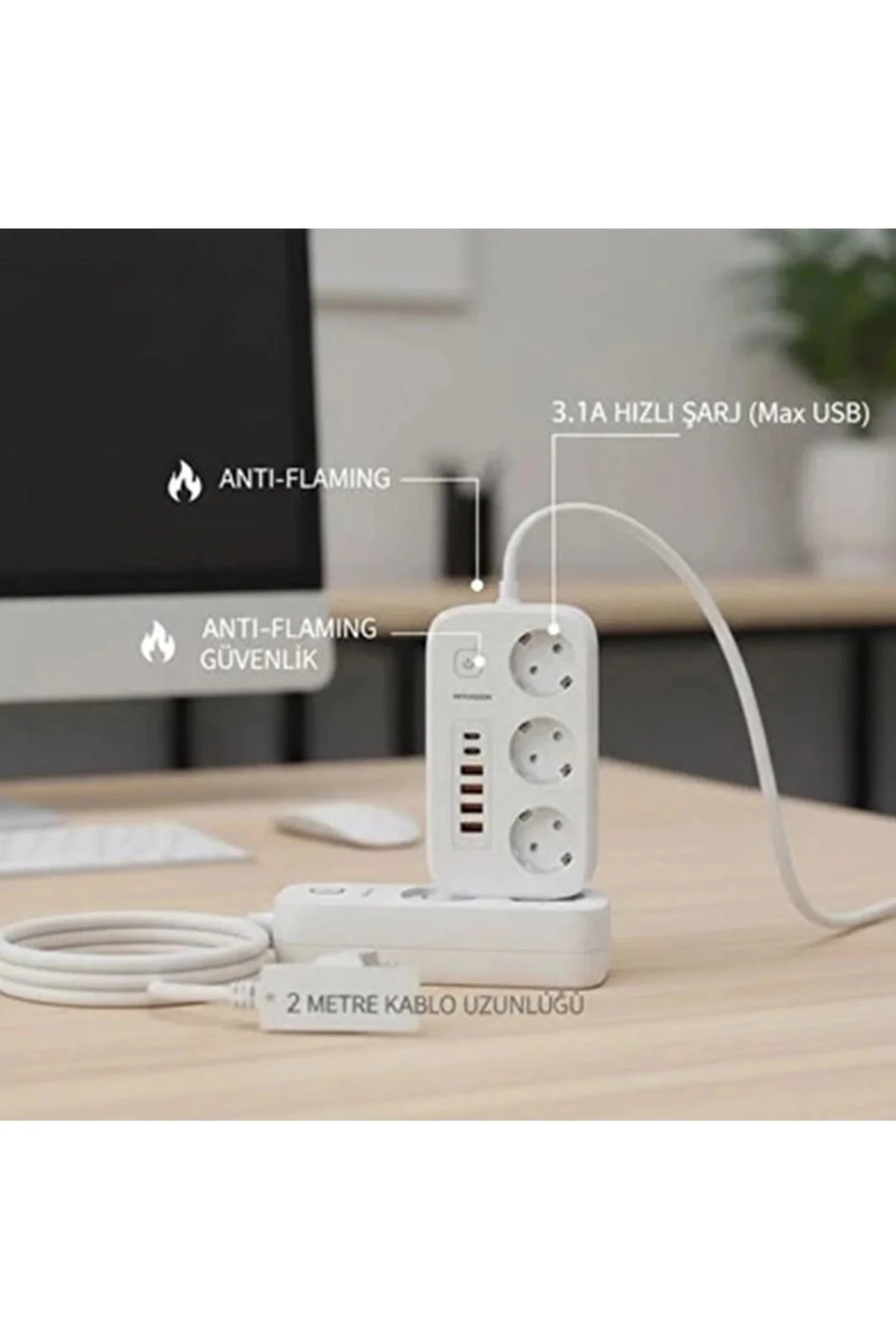 Akım Korumalı Priz Ve Masaüstü Şarj İstasyonu Kablosuz 3 Priz ,4 Usb, 2 Type-C Girişli 2 Metre Akım Korumalı Priz Ve Masaüstü Şarj İstasyonu Kablosuz 3 Priz ,4 Usb, 2 Type-C Girişli 2 Metre - Görsel 2