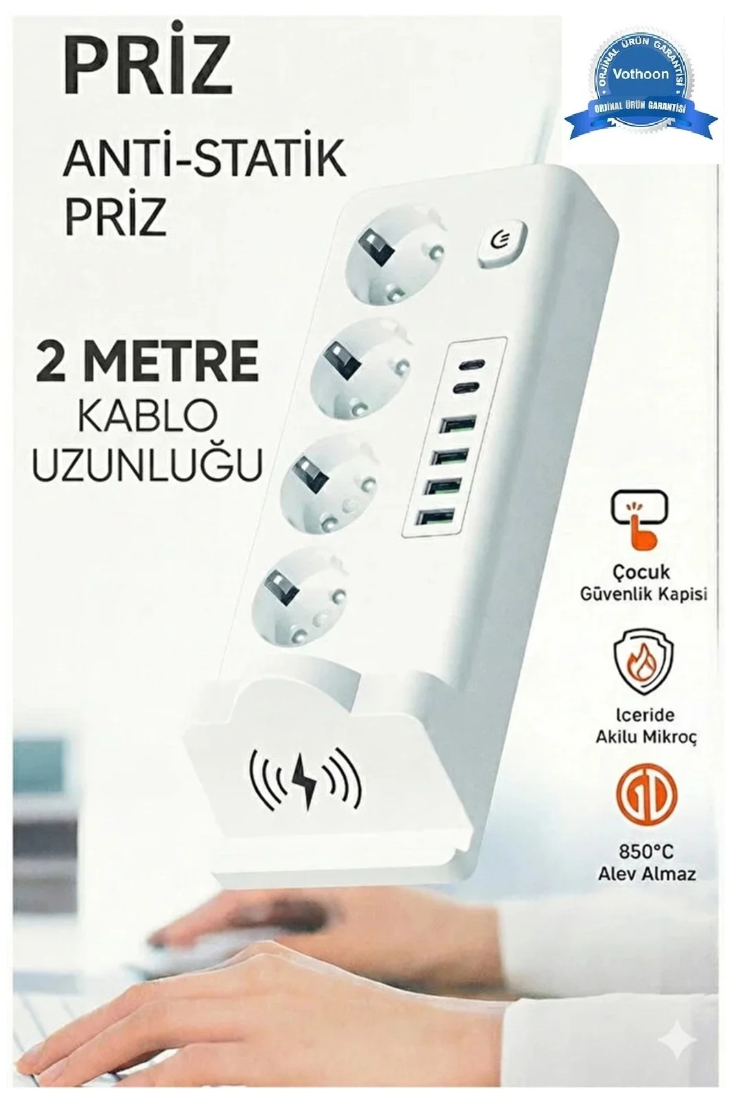 Akım Korumalı Priz Ve Masaüstü Şarj İstasyonu Kablosuz 4 Priz ,4 Usb, 2 Type-c Girişli 2 Metre Akım Korumalı Priz Ve Masaüstü Şarj İstasyonu Kablosuz 4 Priz ,4 Usb, 2 Type-c Girişli 2 Metre