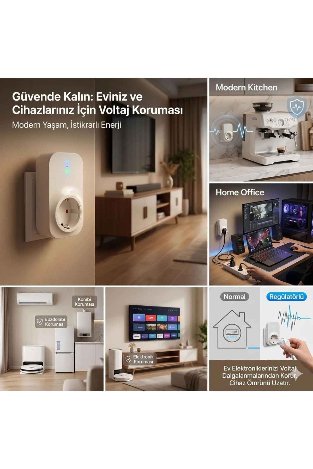 Akım Korumalı Regülatör Priz - 4000W Yüksek Güç Kapasitesi, 918 Joule Yıldırım Korumalı,