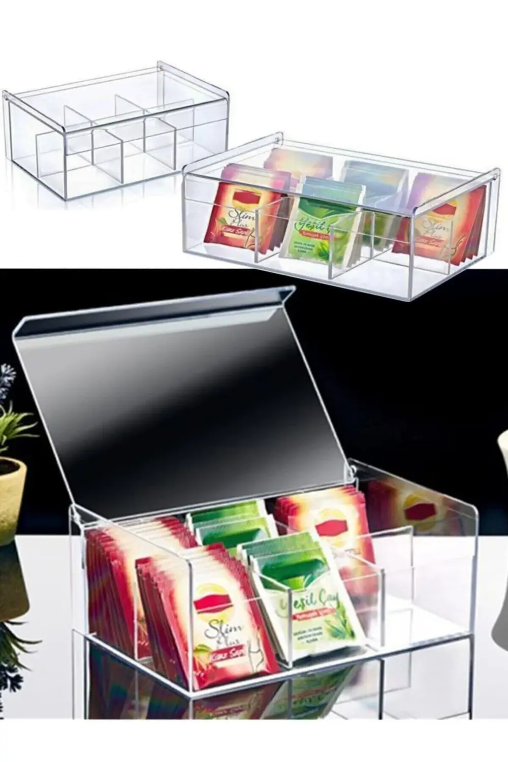 Akrilik 6 Bölmeli Kapaklı Poşet Bitki Çayı Saklama Kutusu