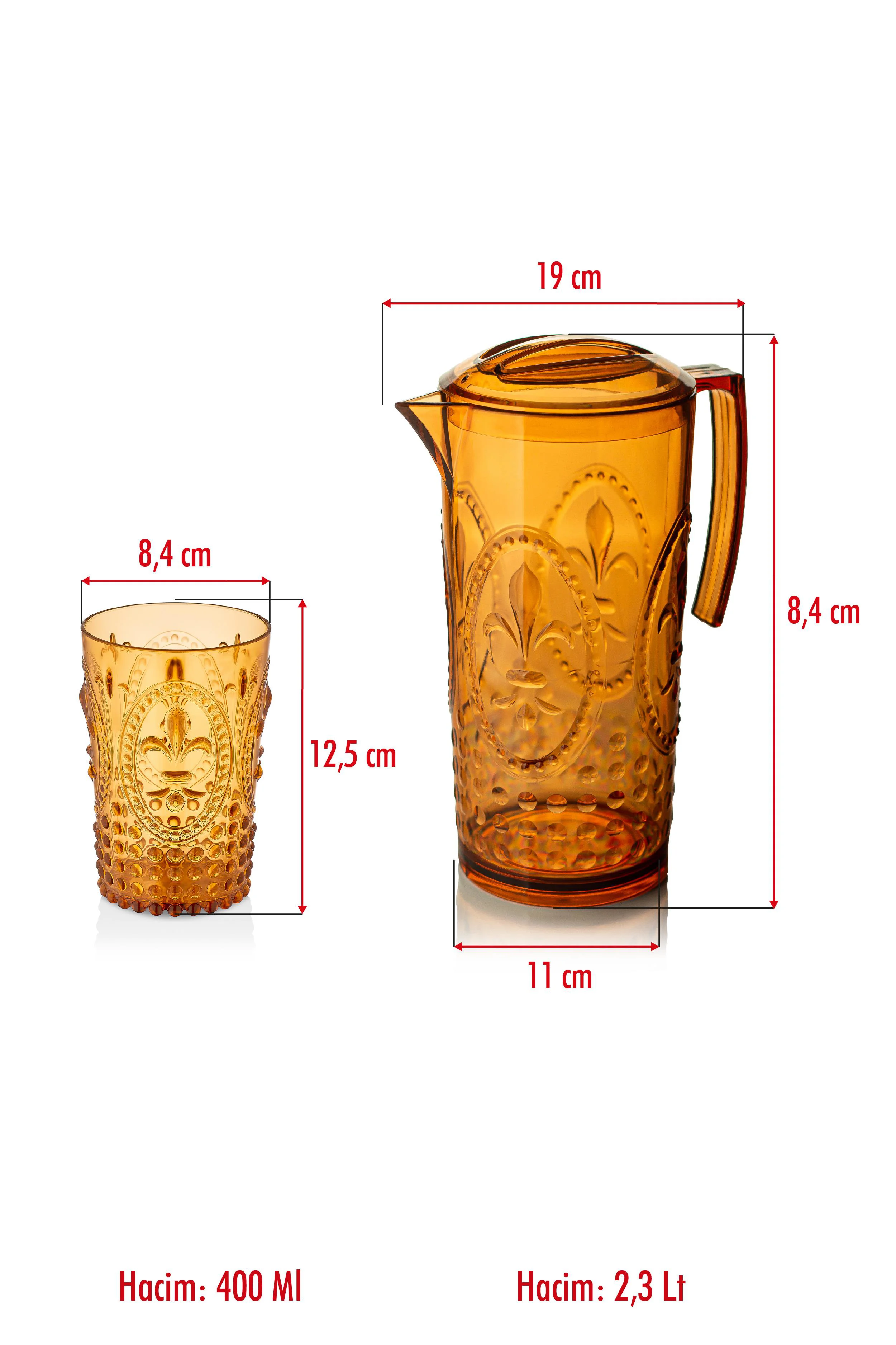 Akrilik Bal Sürahi 2,3 lt Ve 6'lı Su Meşrubat Kahve Yanı Bardağı 400 ml Seti ( Cam Değildir )