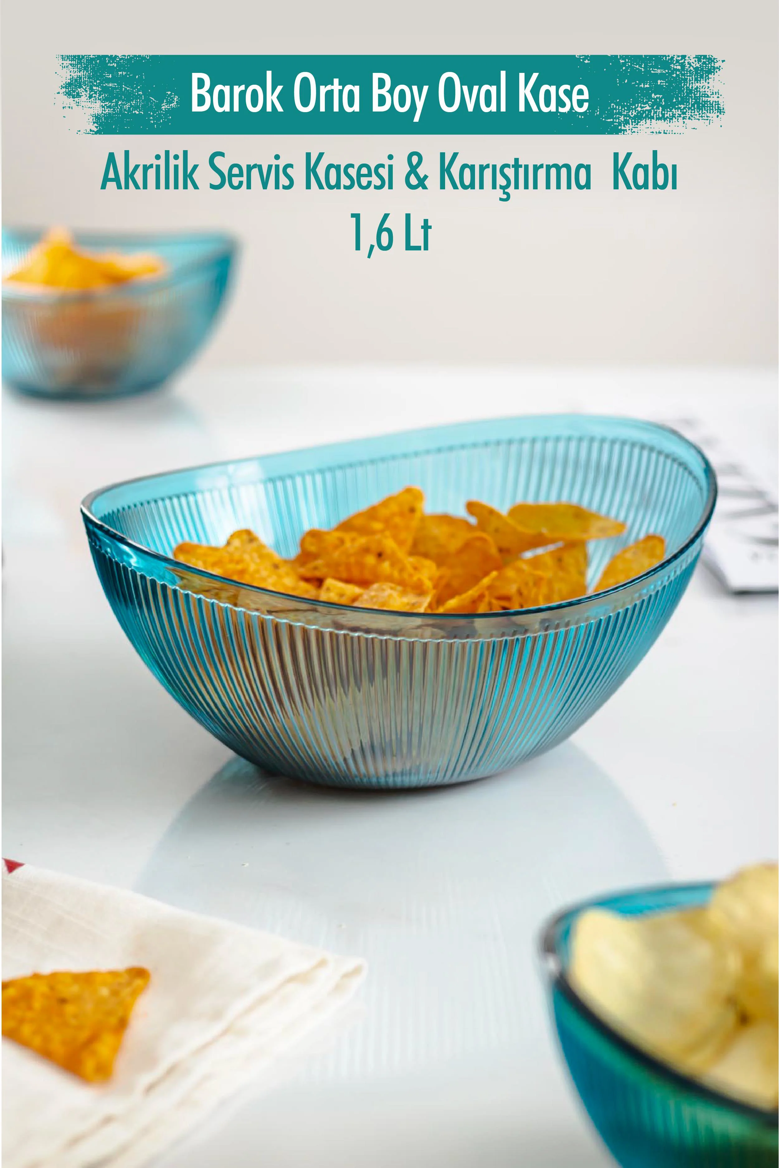 Akrilik Barok Aquamarin Orta Boy Oval Meyve &amp; Salata Kasesi &amp; Karıştırma Kabı / 1,6 Lt  (CAM DEĞİLDİR)