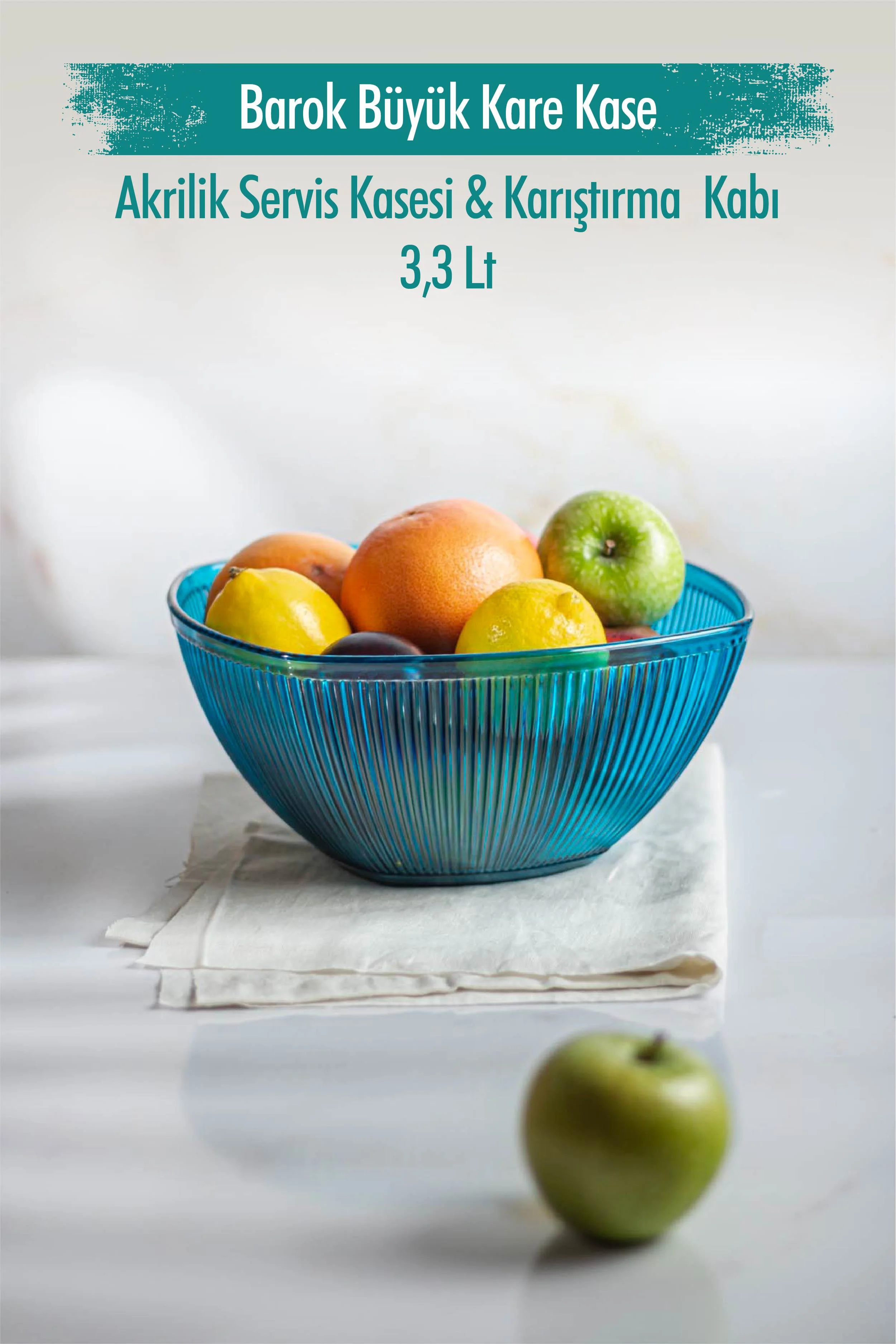 Akrilik Barok Aquamarin Büyük Kare Meyve &amp; Salata Kasesi &amp; Karıştırma Kabı / 3,3 Lt  (CAM DEĞİLDİR)