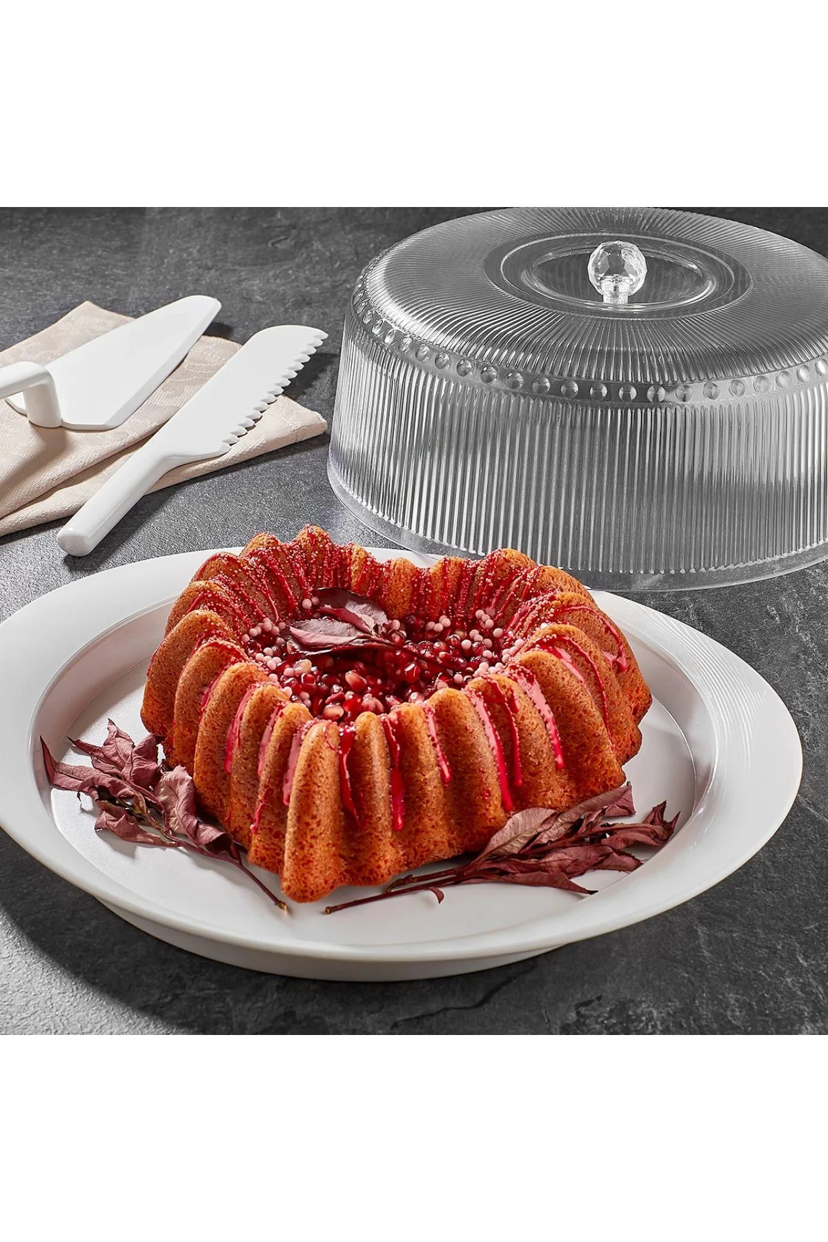 Akrilik Barok Beyaz 4 Parça Kek Fanus & Kek Saklama Kabı & Şık Su