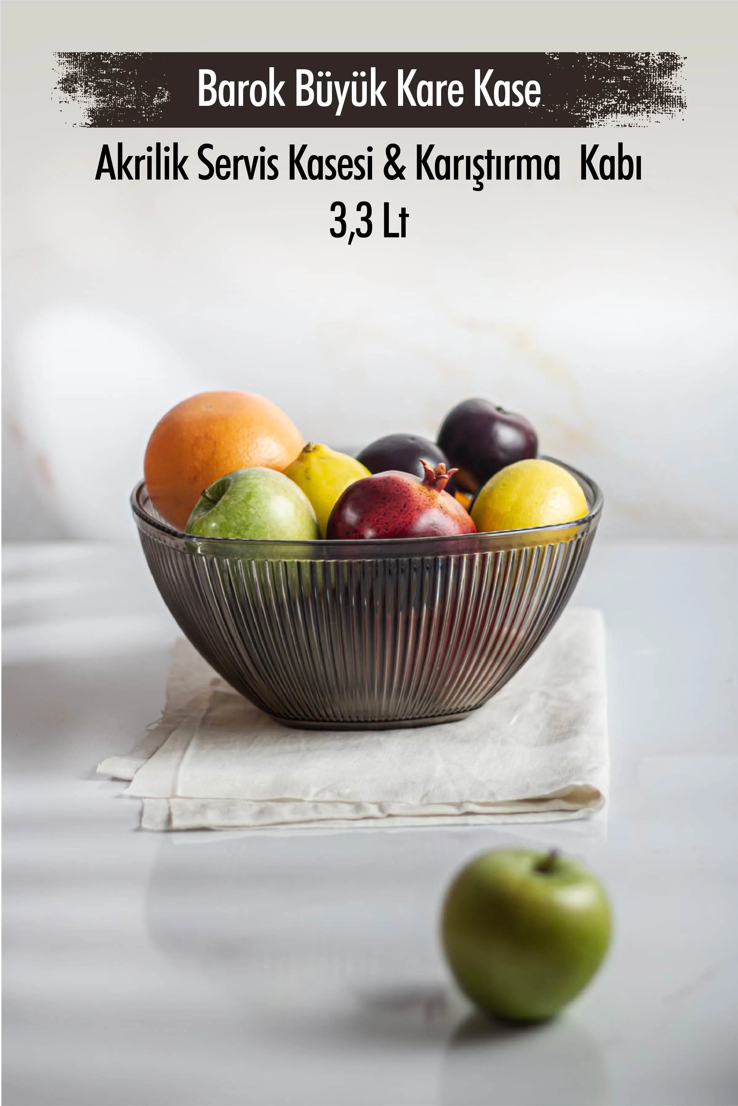 Akrilik Barok Füme Büyük Kare Meyve &amp; Salata Kasesi &amp; Karıştırma Kabı / 3,3 Lt  (CAM DEĞİLDİR)
