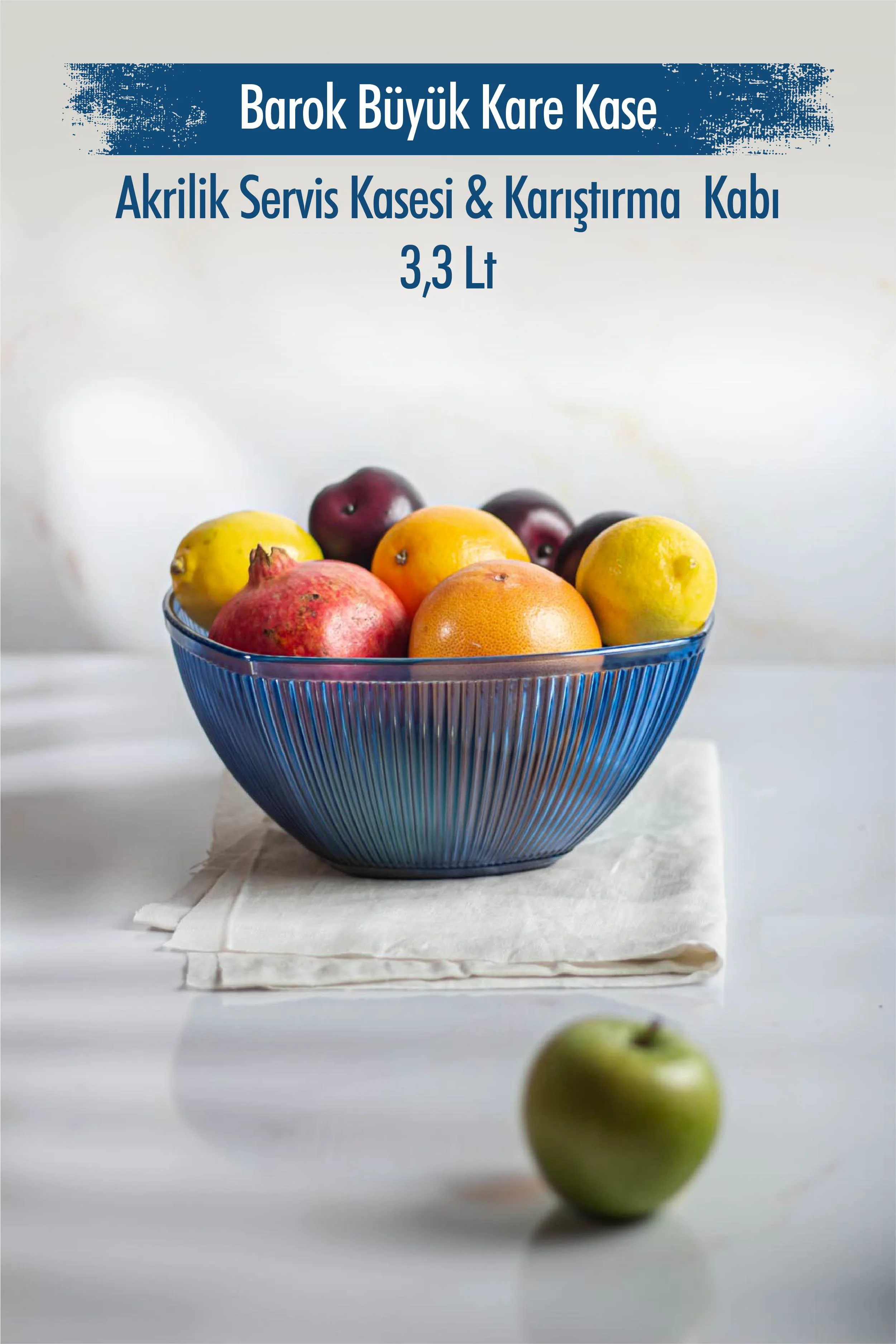 Akrilik Barok Lacivert Büyük Kare Meyve &amp; Salata Kasesi &amp; Karıştırma Kabı / 3,3 Lt  (CAM DEĞİLDİR)