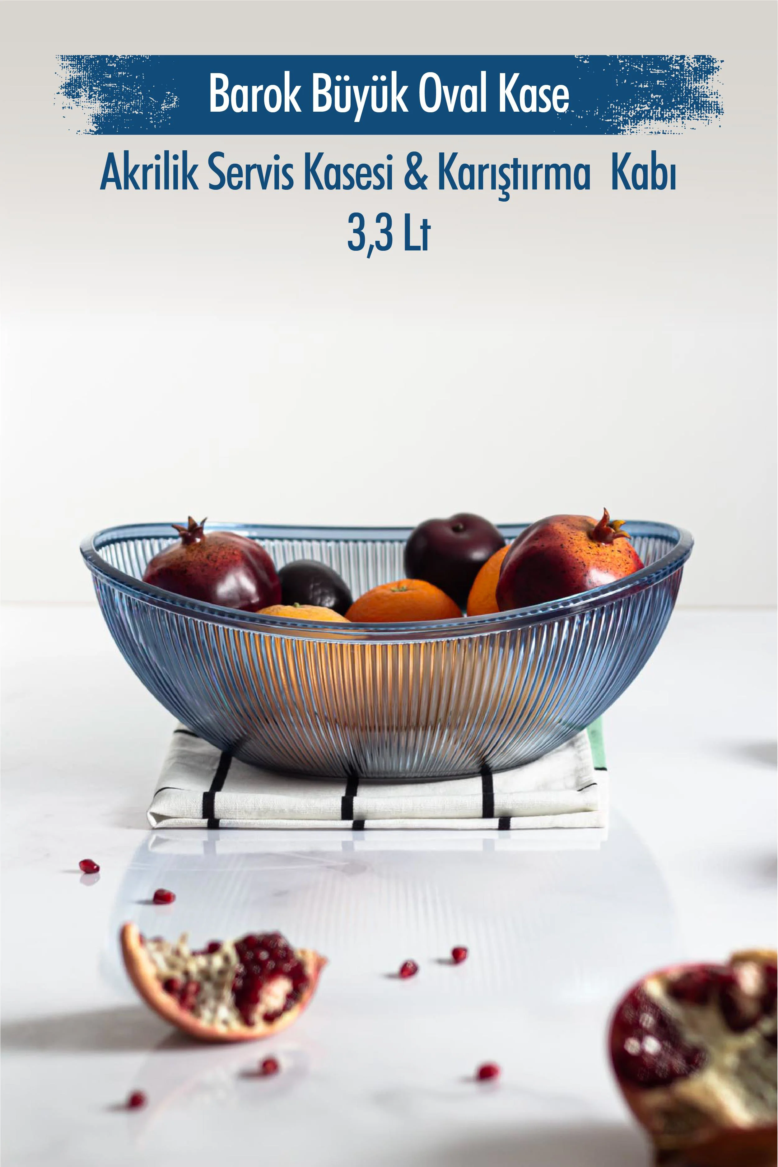 Akrilik Barok Lacivert Büyük Oval Meyve &amp; Salata Kasesi &amp; Karıştırma Kabı / 3,3 Lt  (CAM DEĞİLDİR)