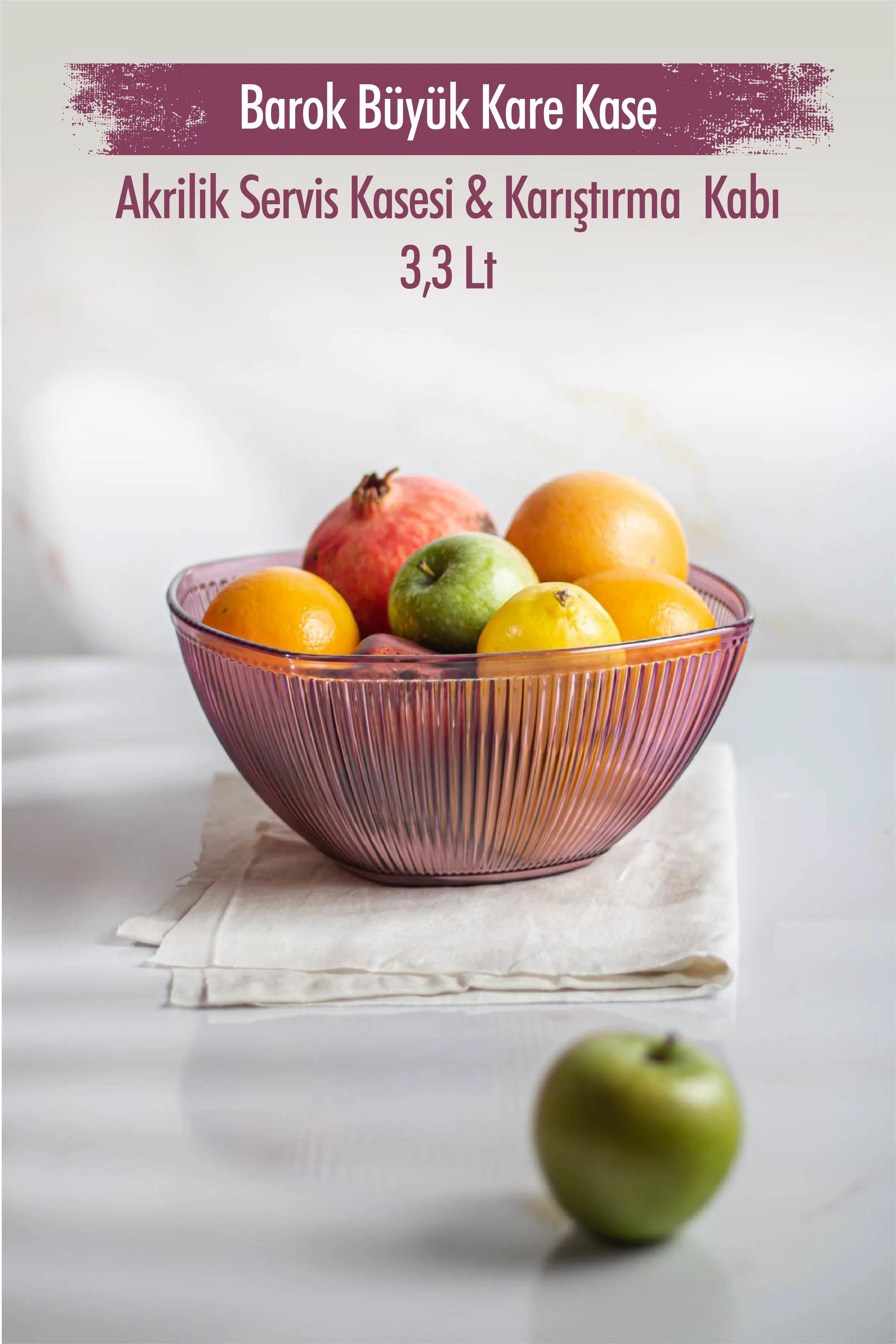 Akrilik Barok Mürdüm Büyük Kare Meyve &amp; Salata Kasesi &amp; Karıştırma Kabı / 3,3 Lt  (CAM DEĞİLDİR)
