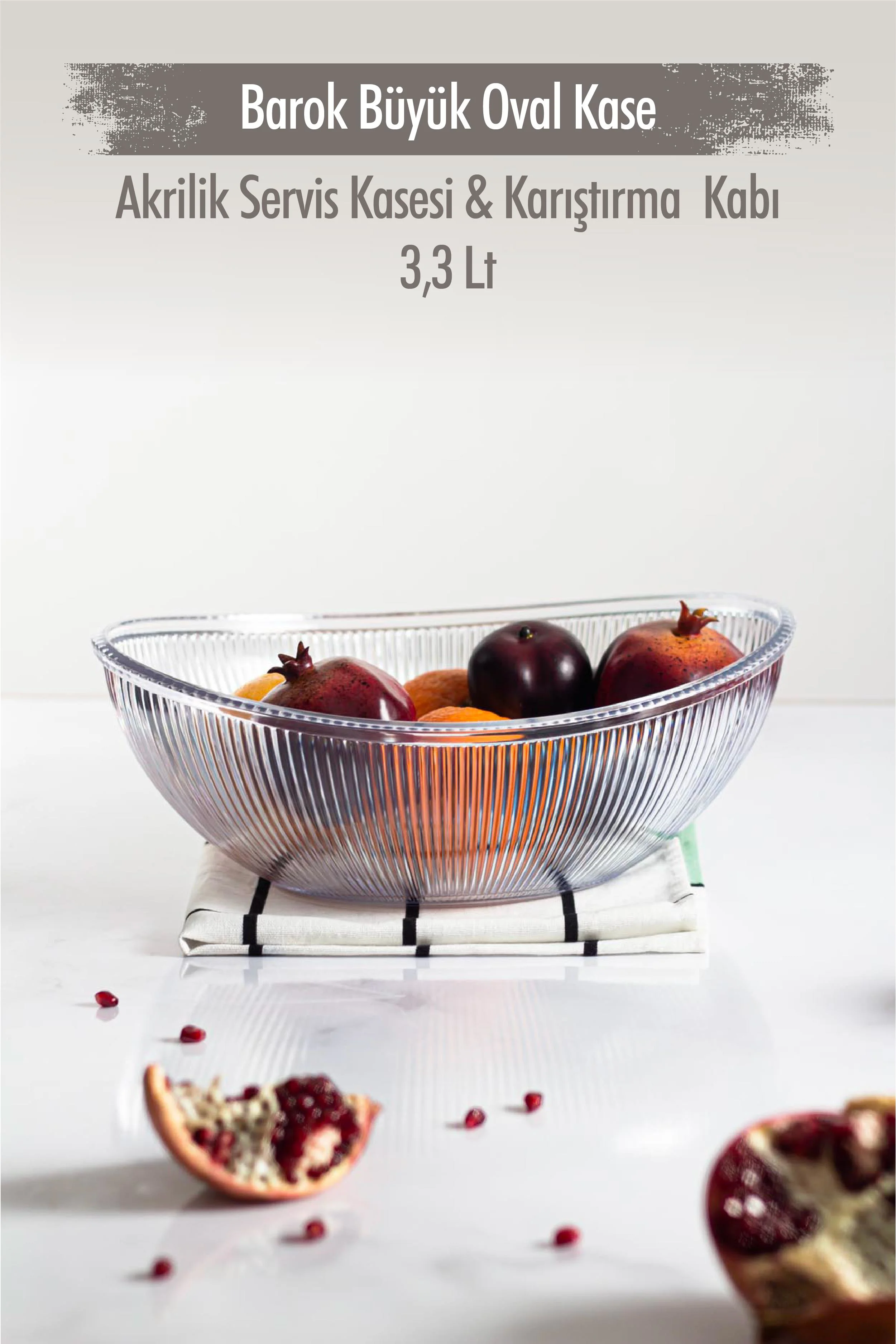 Akrilik Barok Şeffaf Büyük Oval Meyve &amp; Salata Kasesi &amp; Karıştırma Kabı / 3,3 Lt  (CAM DEĞİLDİR)