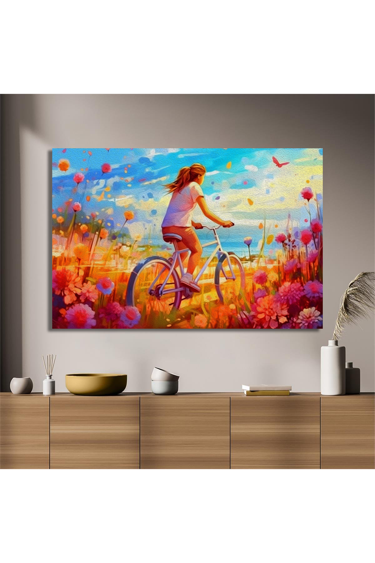 Korkmazkanvas Akrilik Boya İle Dijital Resim,Papatya Çiçeklerinin Arasında Bisi