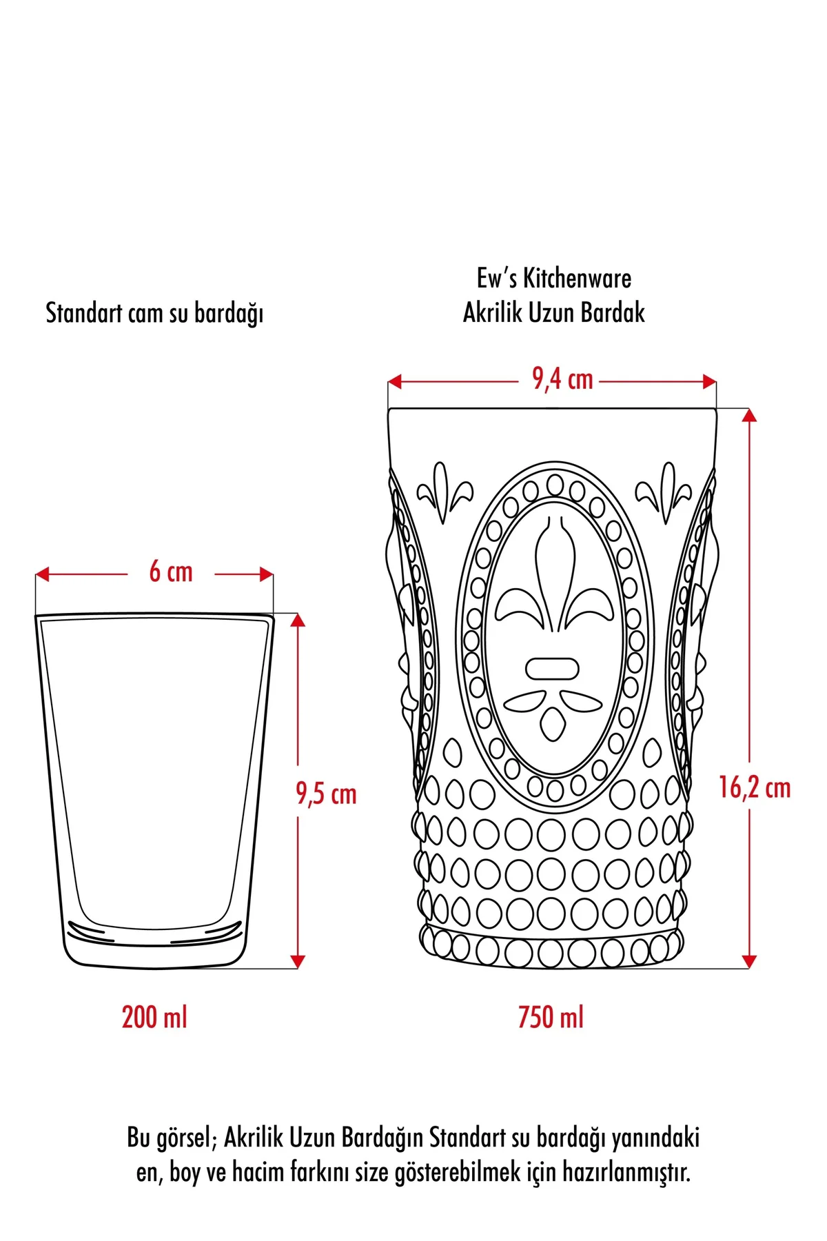 Akrilik Füme Tekli Uzun Bardak & Su Meşrubat Bardağı 750 ml ( Büy