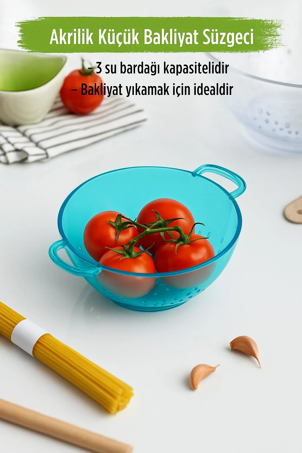 Akrilik Mini Pirinç Süzgeçi – 3 Su Bardağı Bakliyat Süzgeç, Aquamarin Renk