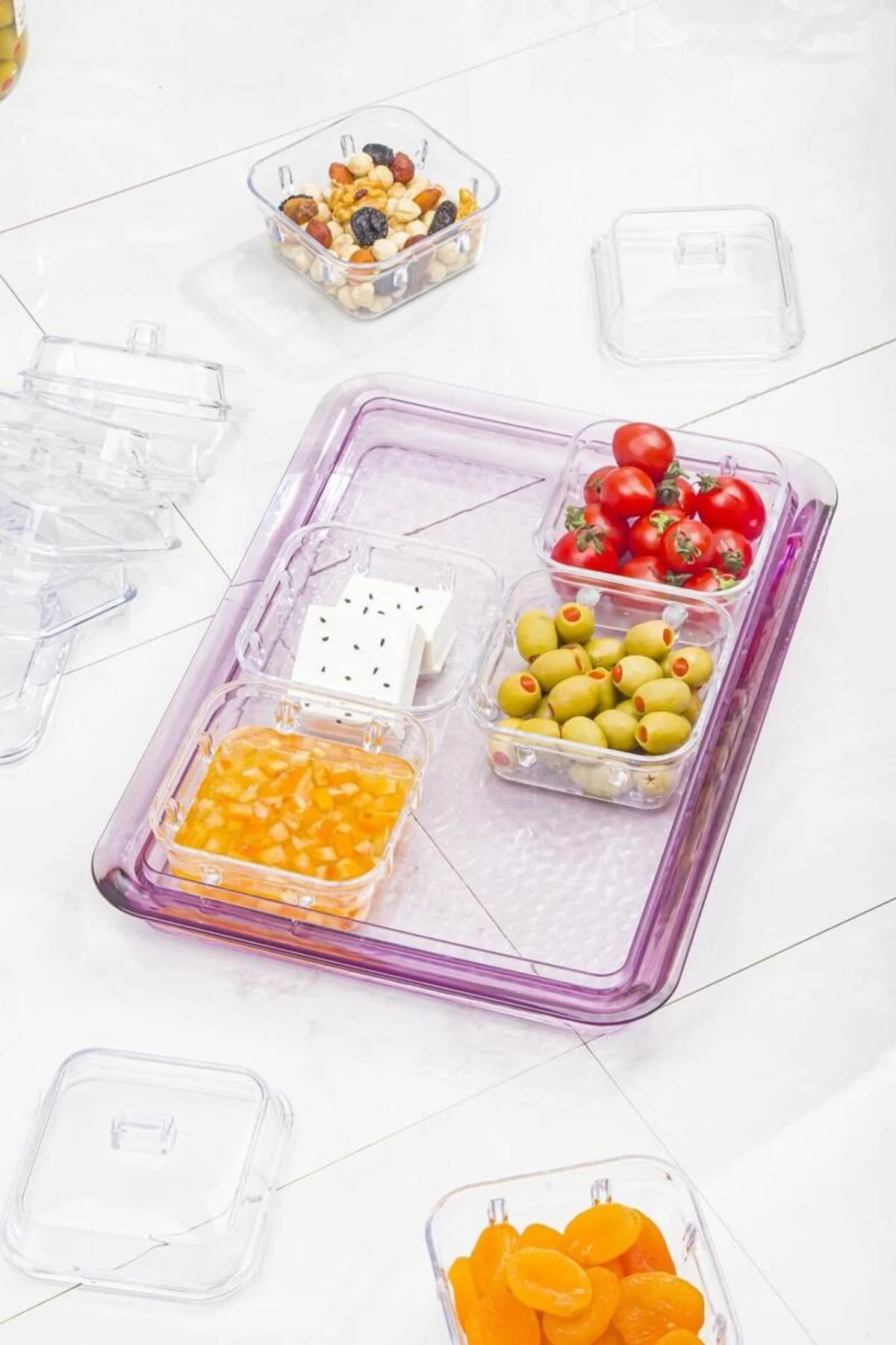 Akrilik Mürdüm 6’lı Kapaklı Kahvaltılık Kahvaltı Seti & Saklama K