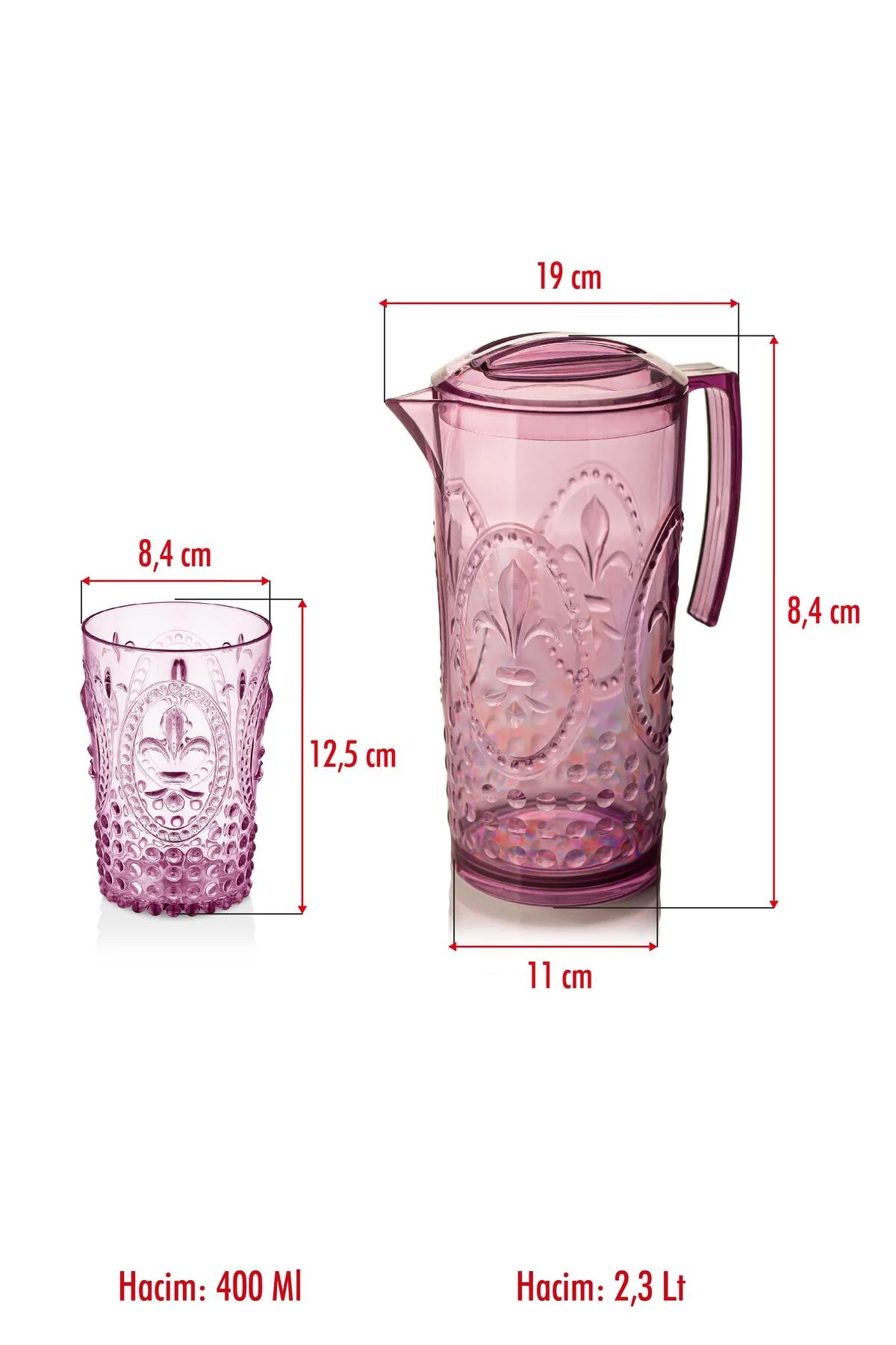 Akrilik Mürdüm Sürahi 2,3 lt Ve 6'lı & Su Meşrubat Kahve Yanı Bardağı 400 ml Seti ( Cam Değildir ) - Görsel 5