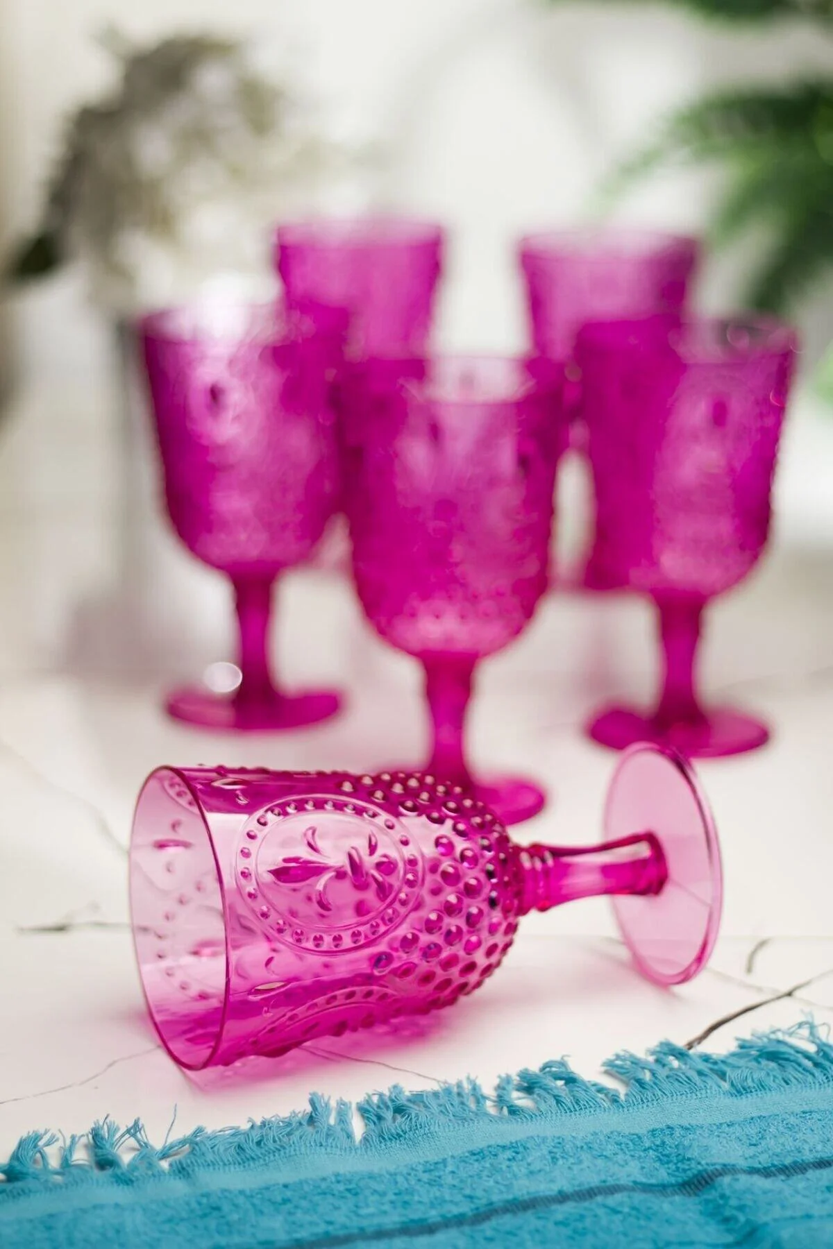 Akrilik Pembe 6'lı Kadeh & Su Meşrubat Kahve Yanı Bardağı 450 ml 