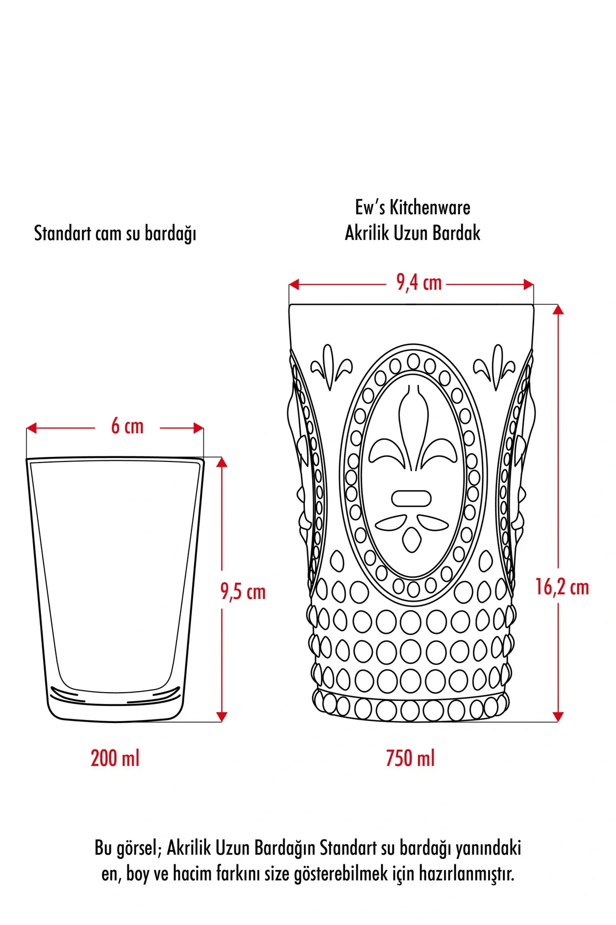 Akrilik Şeffaf 6'lı Uzun Bardak & Su Meşrubat Bardağı 750 ml ( Büyük Boy & Cam Değildir )