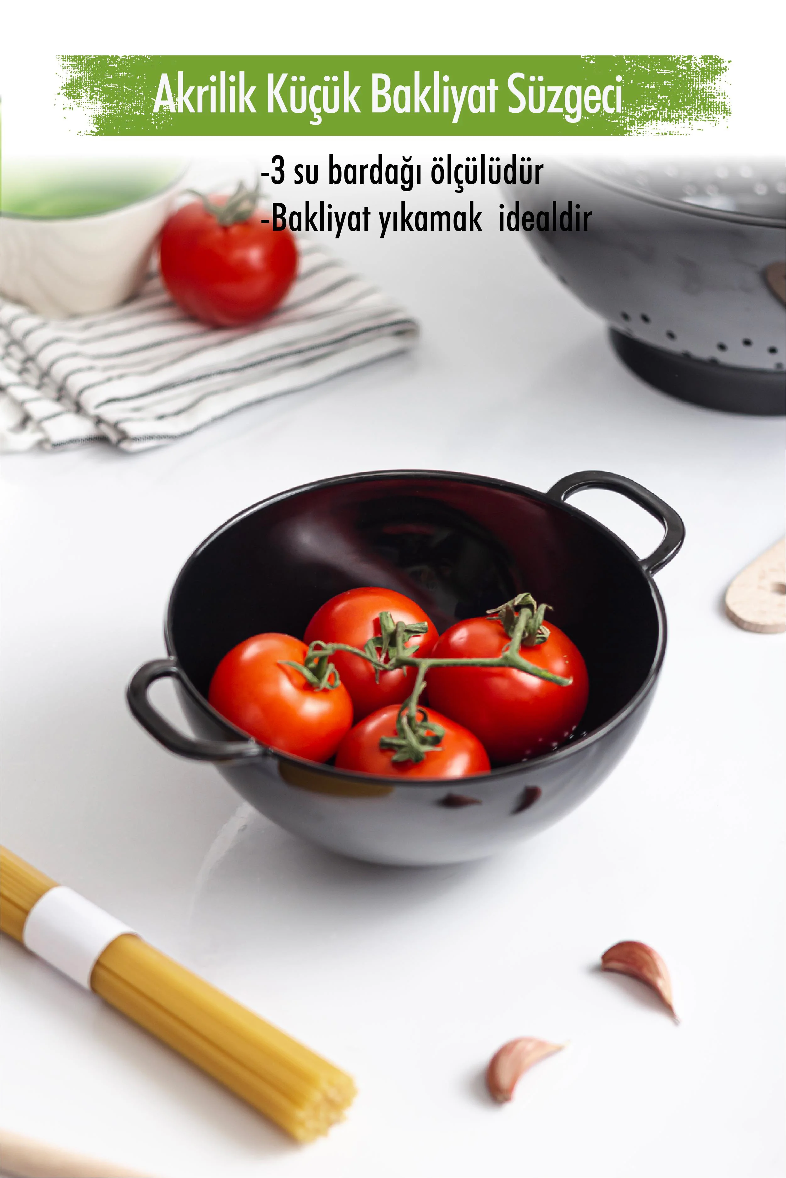 Akrilik Siyah Mini Pirinç Süzgeçi - 3 Su Bardağı Kapasiteli Bakliyat ve Tahıl Süzgeci