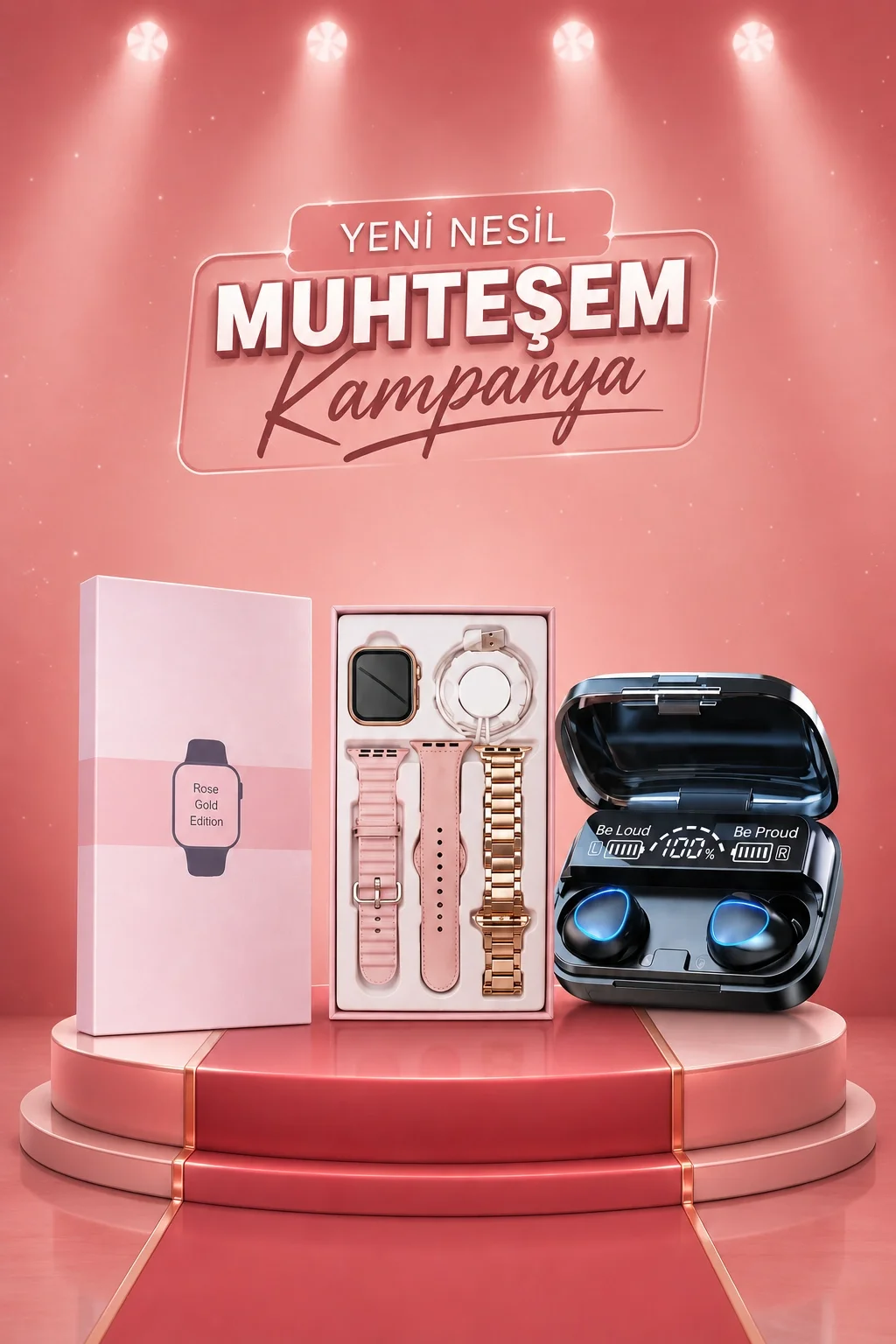 Aksesuar Hediyeli Akıllı Saat ve Dijital Göstergeli Powerbankli Bluetooth Kulaklık
