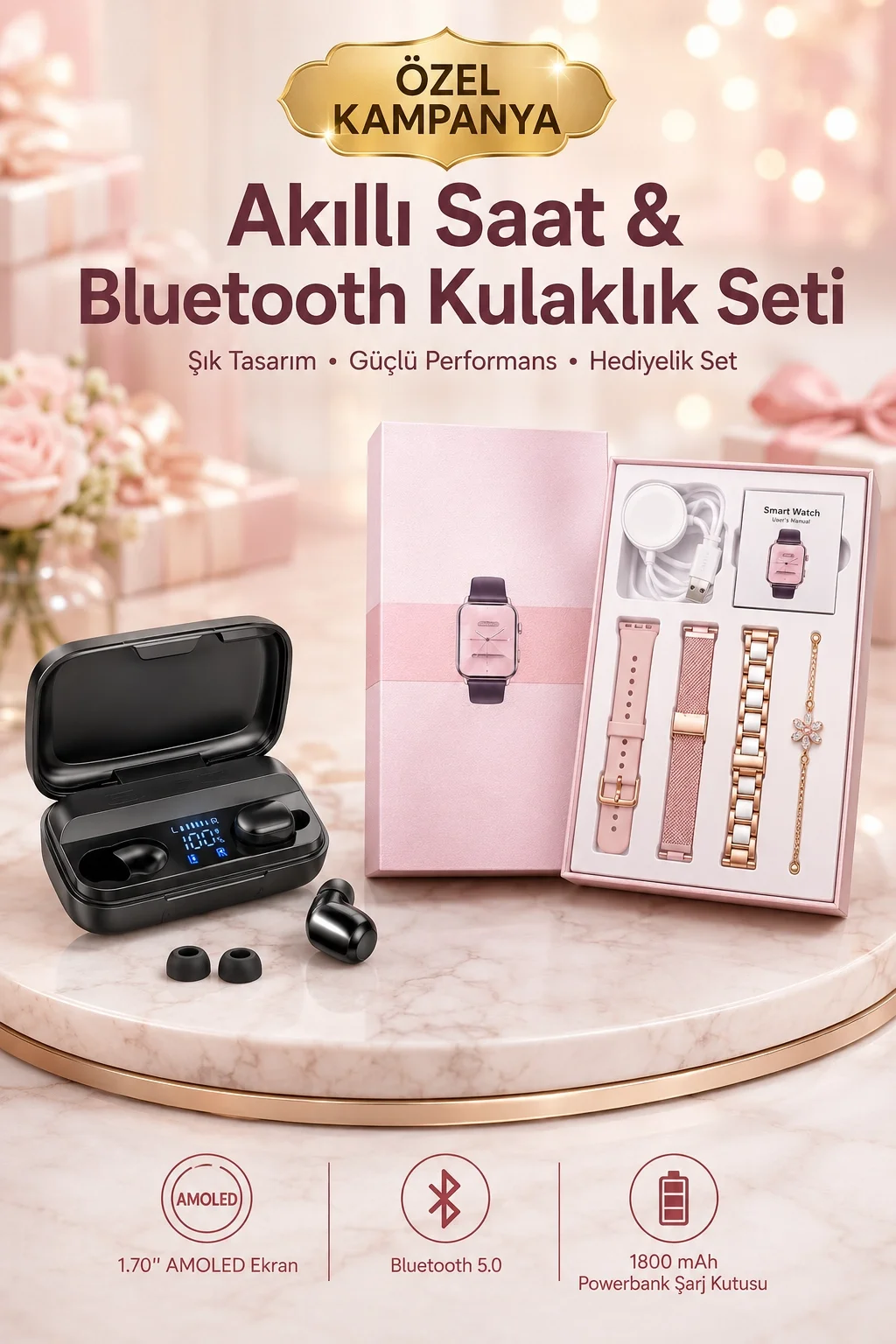 Aksesuar Hediyeli Akıllı Saat ve Dijital Göstergeli Powerbankli Bluetooth Kulaklık