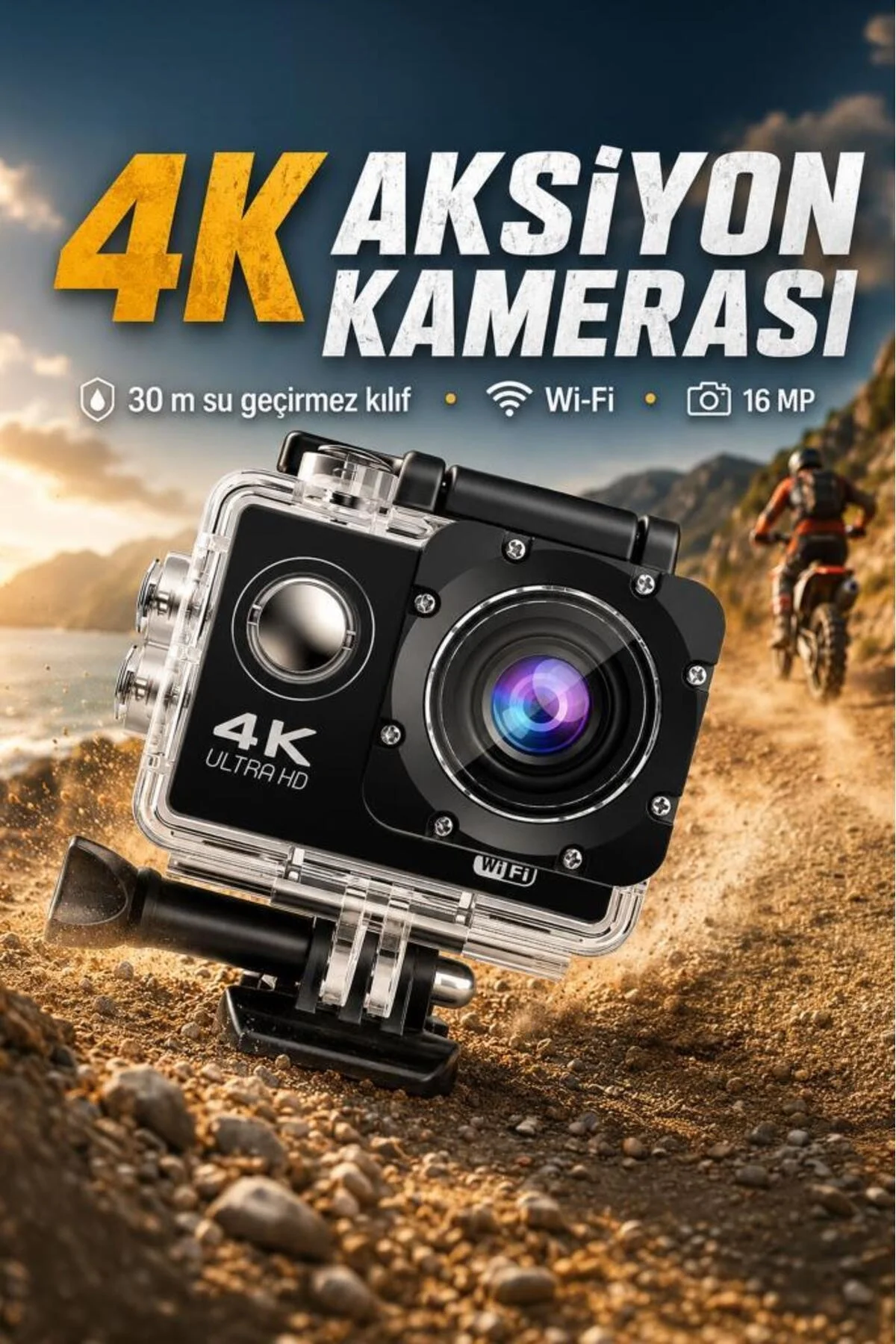 Aksiyon kamerası 4K çözünürlük wifi su geçirmez 3 ATM hafıza kartı desteği siyah