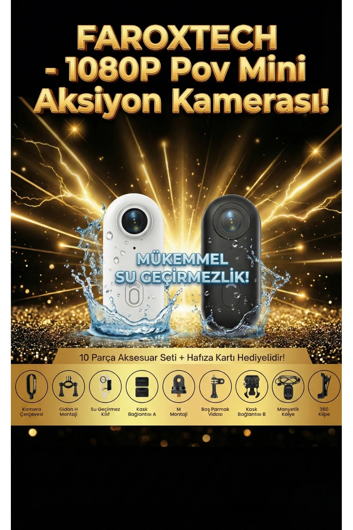 Aksiyon Kamerası - Renk: Siyah, Çözünürlük: 1920 x 1080, Özellik: Su Geçirmez, Su Geçirmezlik: 20 m