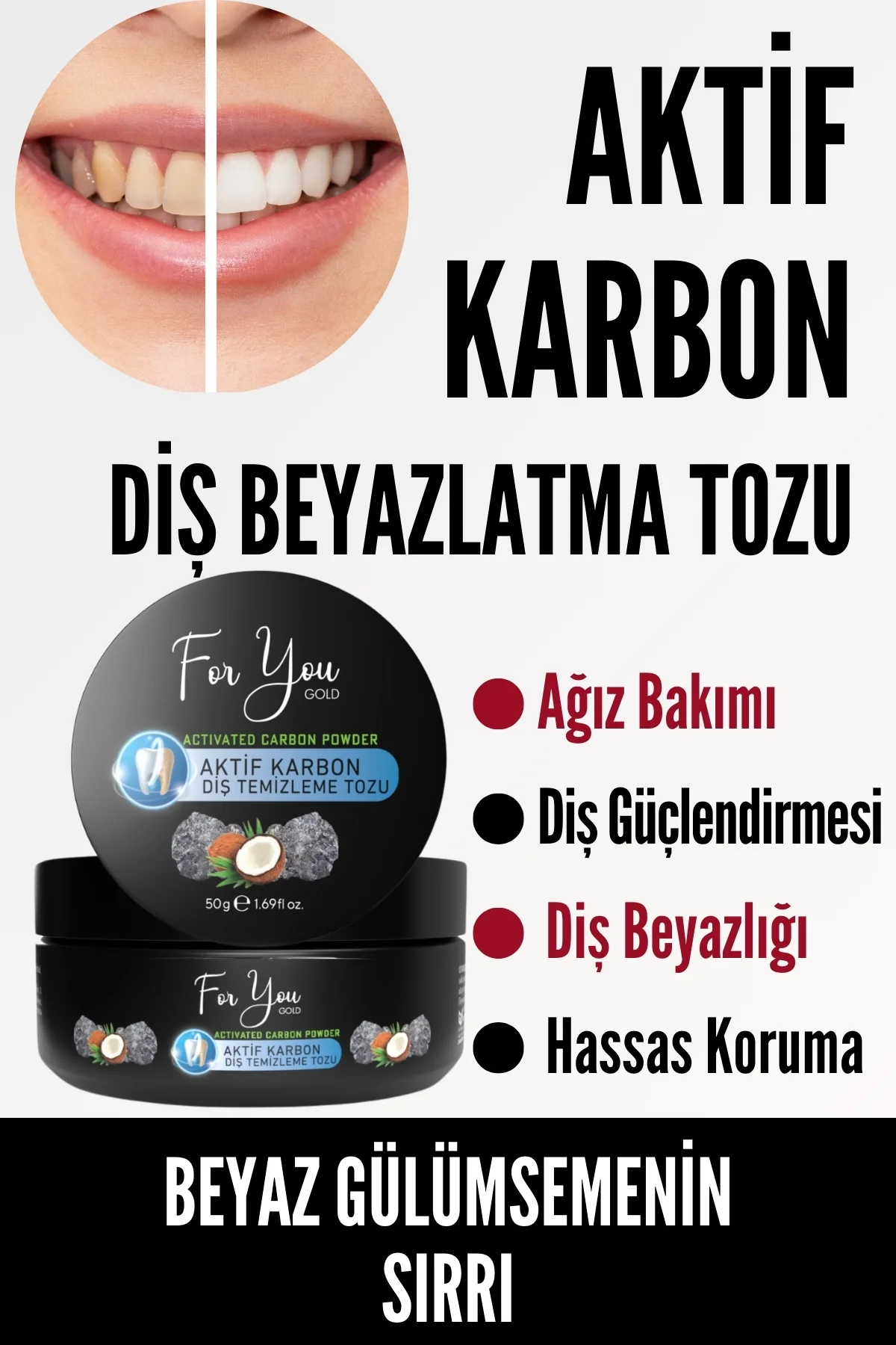 Aktif Karbon Diş Temizleme Tozu 50 Gr Extra Beyazlatıcı Diş Tozu 