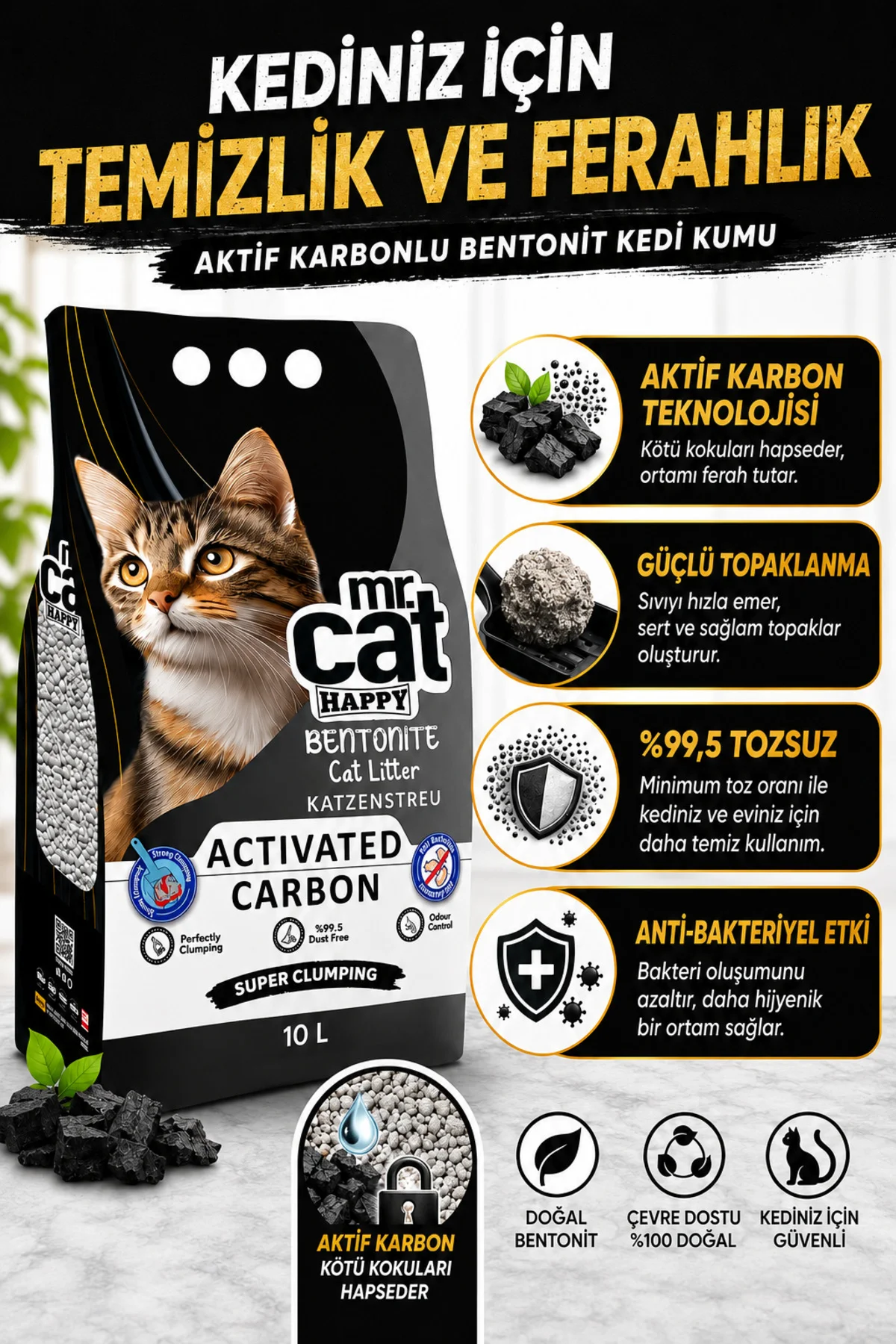 Aktif Karbonlu Bentonit Kedi Kumu Güçlü Topaklanan Koku Kontrolü %99,5 Tozsuz 2 x 10 Lt 20 Lt Aktif Karbonlu Bentonit Kedi Kumu Güçlü Topaklanan Koku Kontrolü %99,5 Tozsuz 2 x 10 Lt 20 Lt