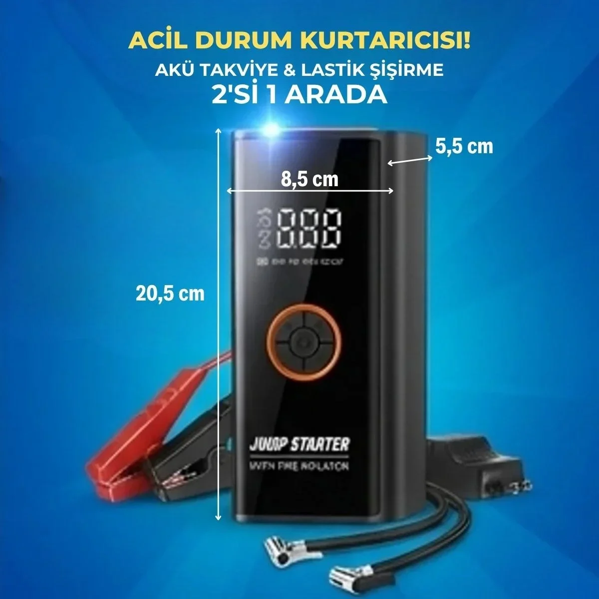 Akü Takviye Cihazı ve Lastik Şişirme Pompası – Powerbank Özellikli, Dijital Ekranlı SOS Fenerli Taşınabilir Kompresör Akü Takviye Cihazı ve Lastik Şişirme Pompası – Powerbank Özellikli, Dijital Ekranlı SOS Fenerli Taşınabilir Kompresör