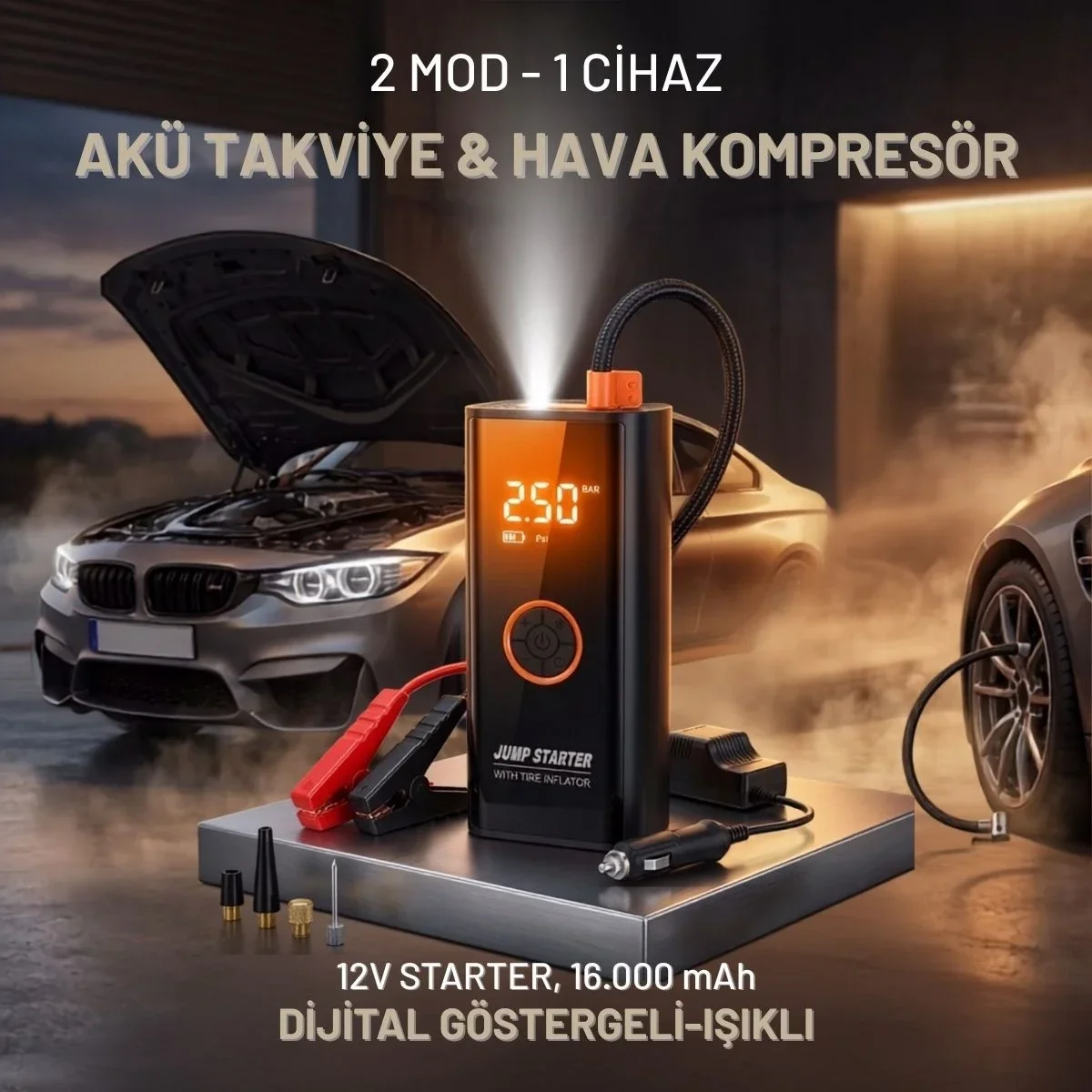 Akü Takviye Cihazı ve Lastik Şişirme Pompası – Powerbank Özellikli, Dijital Ekranlı SOS Fenerli Taşınabilir Kompresör Akü Takviye Cihazı ve Lastik Şişirme Pompası – Powerbank Özellikli, Dijital Ekranlı SOS Fenerli Taşınabilir Kompresör
