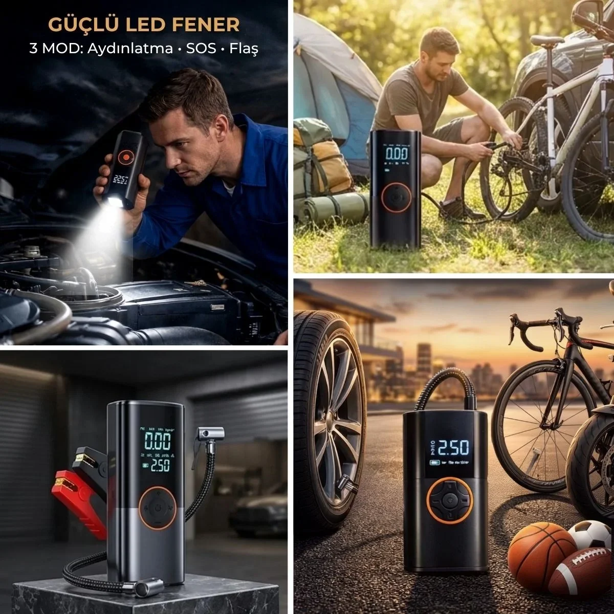 Akü Takviye Cihazı ve Lastik Şişirme Pompası – Powerbank Özellikli, Dijital Ekranlı SOS Fenerli Taşınabilir Kompresör Akü Takviye Cihazı ve Lastik Şişirme Pompası – Powerbank Özellikli, Dijital Ekranlı SOS Fenerli Taşınabilir Kompresör