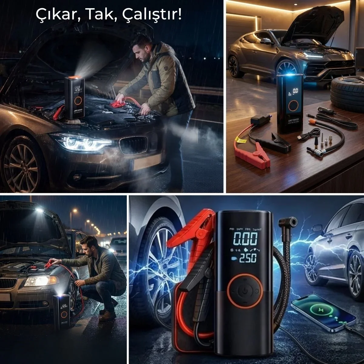 Akü Takviye Cihazı ve Lastik Şişirme Pompası – Powerbank Özellikli, Dijital Ekranlı SOS Fenerli Taşınabilir Kompresör Akü Takviye Cihazı ve Lastik Şişirme Pompası – Powerbank Özellikli, Dijital Ekranlı SOS Fenerli Taşınabilir Kompresör