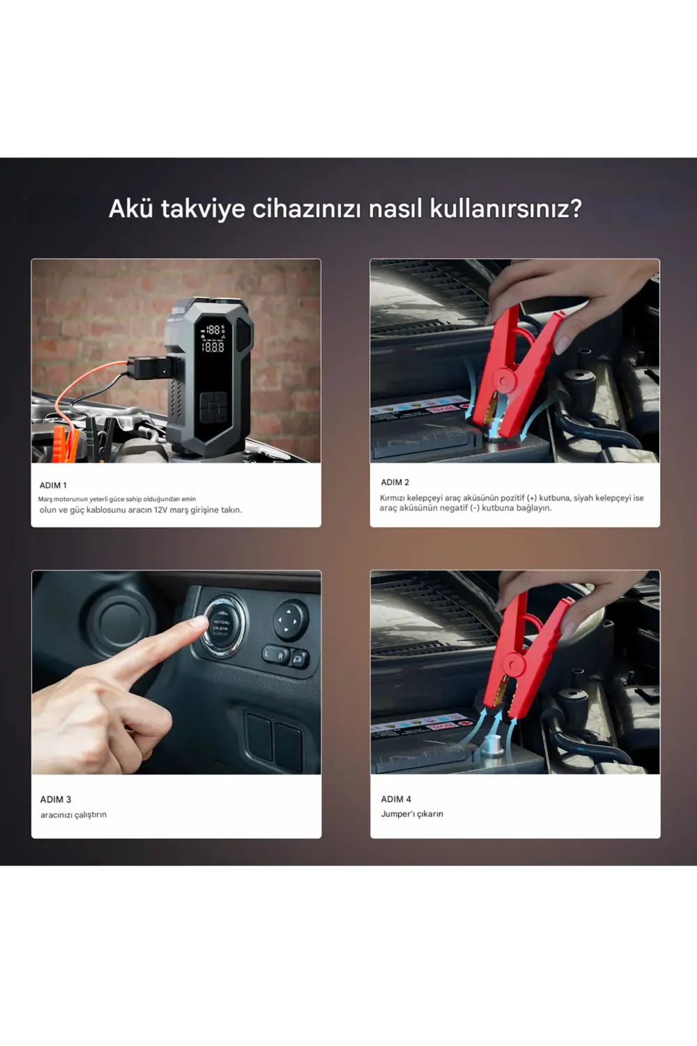 Akü Takviye Cihazı ve Lastik Hava Kompresörü Uyarı Işıklı ve Powe