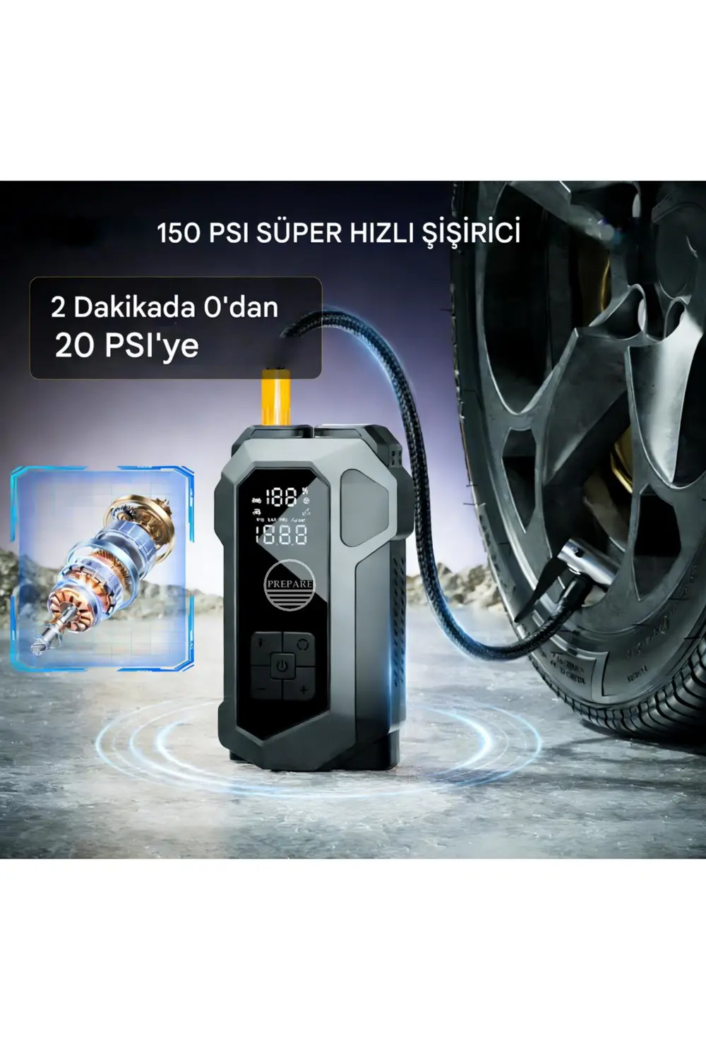 Akü Takviye Cihazı ve Lastik Hava Kompresörü Uyarı Işıklı ve Powe
