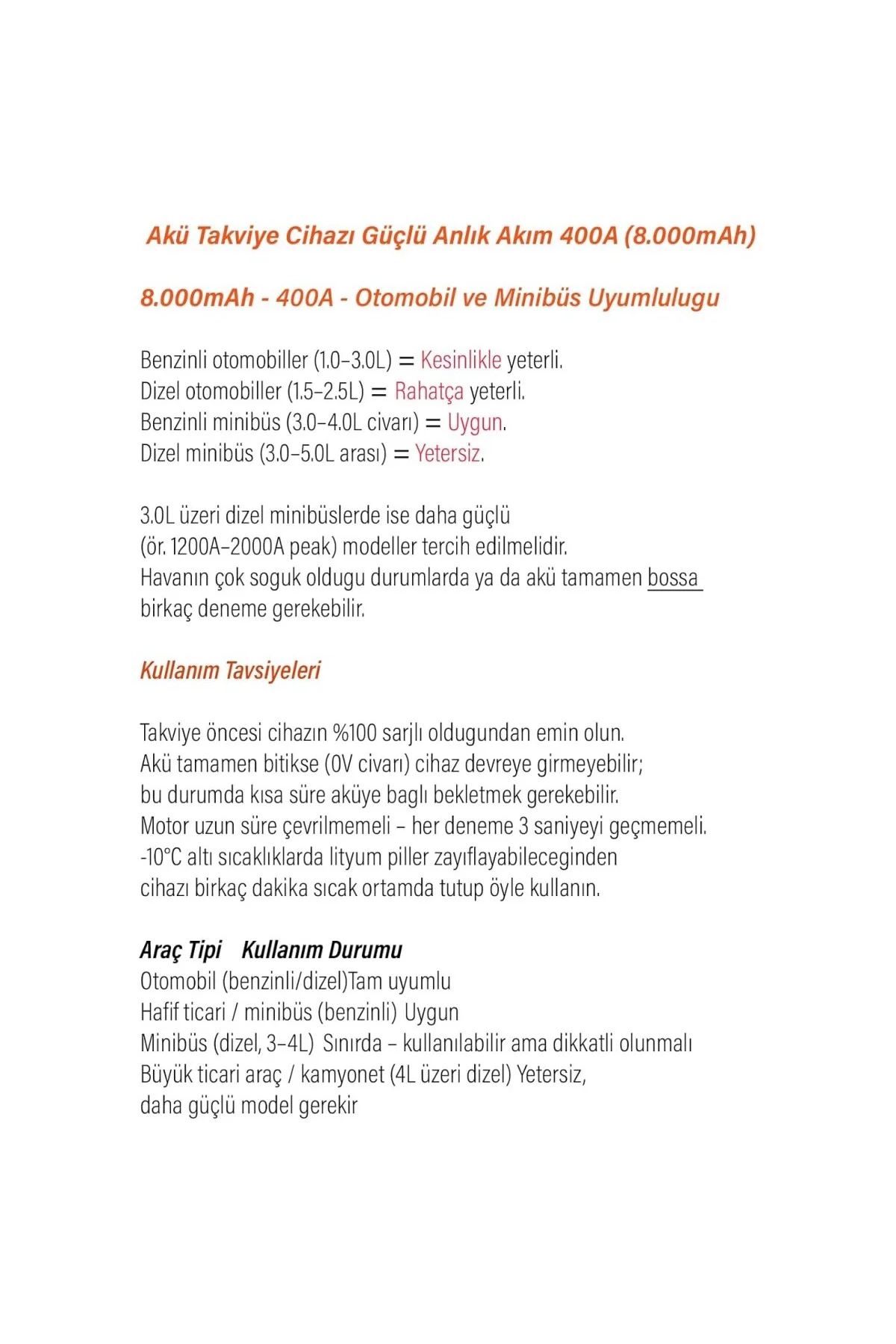 Akü Takviye Jump Starter 8000mAh Araç Marş Basma Cihazı Takviye K