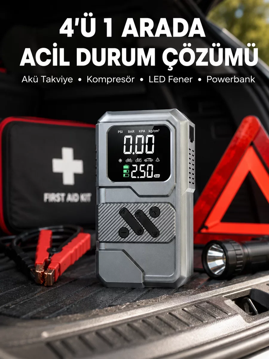 Akü Takviye, Lastik Şişirme ve Powerbank Cihazı - 12000 mAh Taşınabilir Araç Ekipmanı