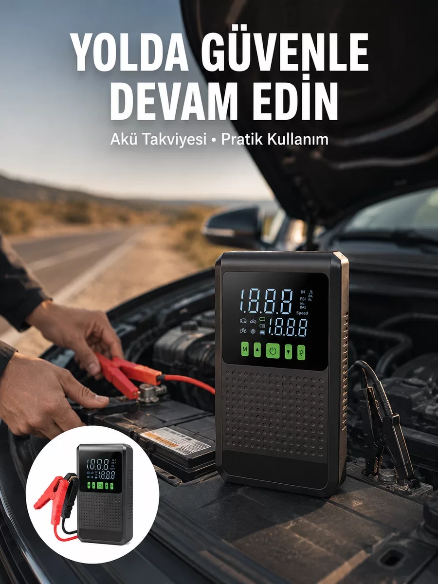 Akü Takviyeli Hava Pompası ve Powerbank - Yeni Nesil Araç Yardımcısı