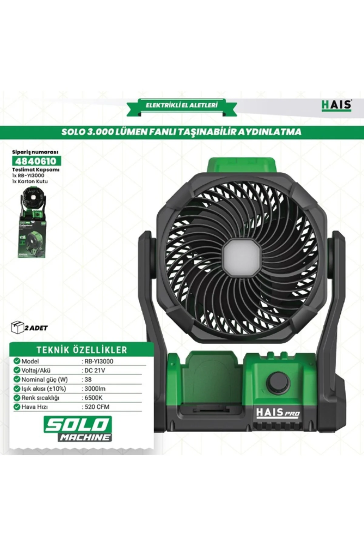 AKÜLÜ SOLO FANLI LED PROJEKTÖR RB-Yİ3000 HAİSPRO