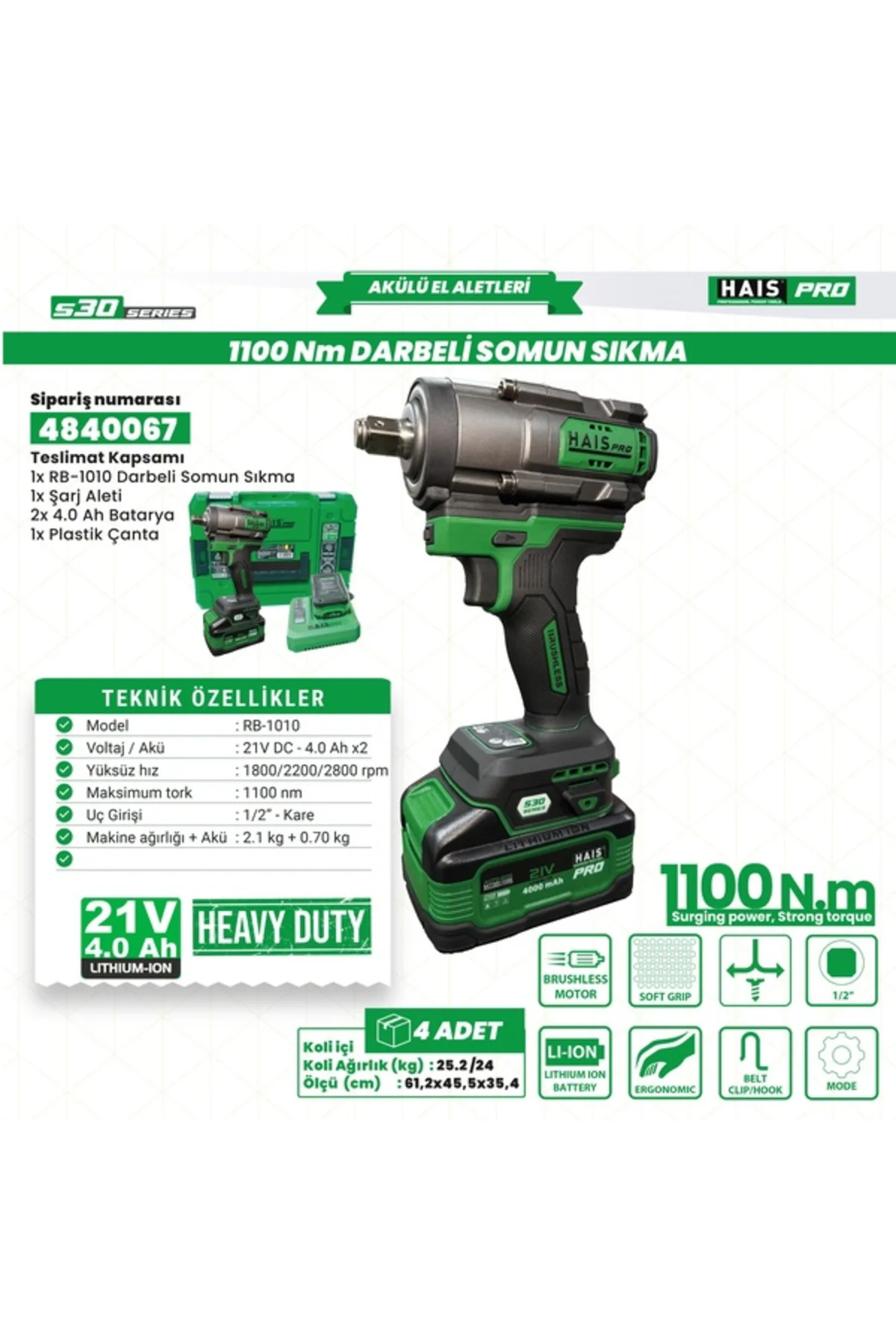 AKÜLÜ SOM.SIK.DARB.1100 21V4A S30 RB-1010 HAİSPRO