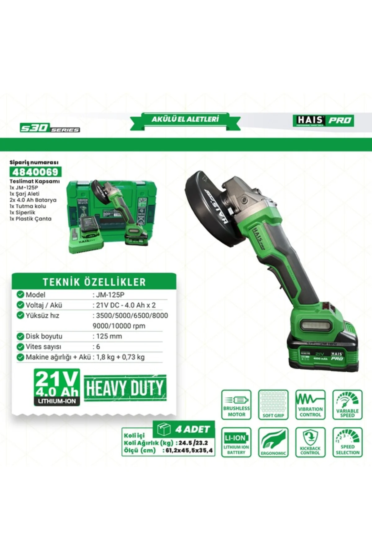 AKÜLÜ TAŞLAMA S30 RB-125P HAİSPRO