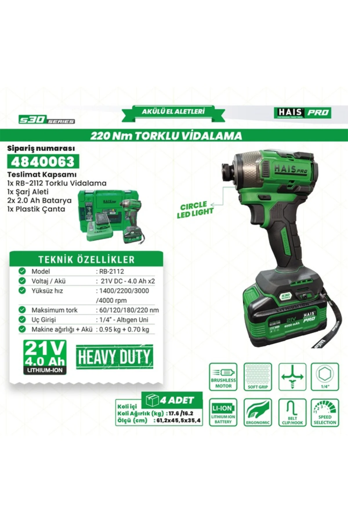 AKÜLÜ VİD. DARBELİ 21V 2.0 Ah S30 RB-2112 HAİSPRO