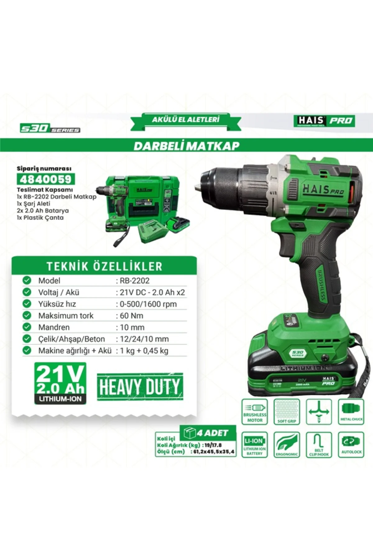AKÜLÜ VİD. DARBELİ 21V 2.0 A S30 RB-2202 HAİSPRO