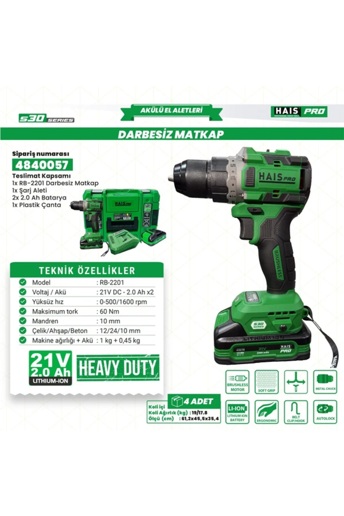 AKÜLÜ VİD.DARBESİZ 21V 2.0 A S30 RB-2201 HAİSPRO