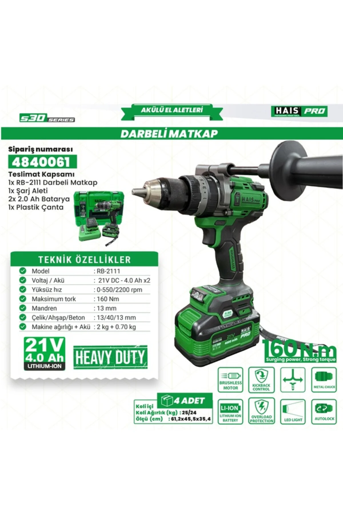 AKÜLÜ VİD.MATK.DARB. 21V 4A S30 RB-2111 HAİSPRO
