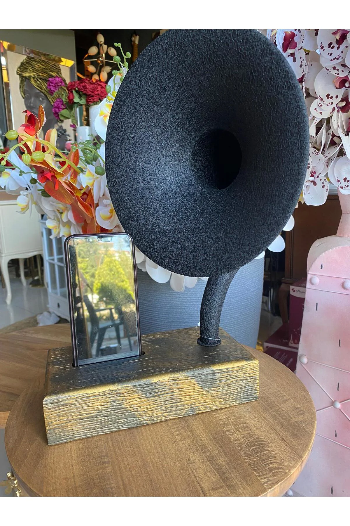 Akustik Gramofon Eskitme Gold Ahşap Gövde / Siyah Metal Başlık