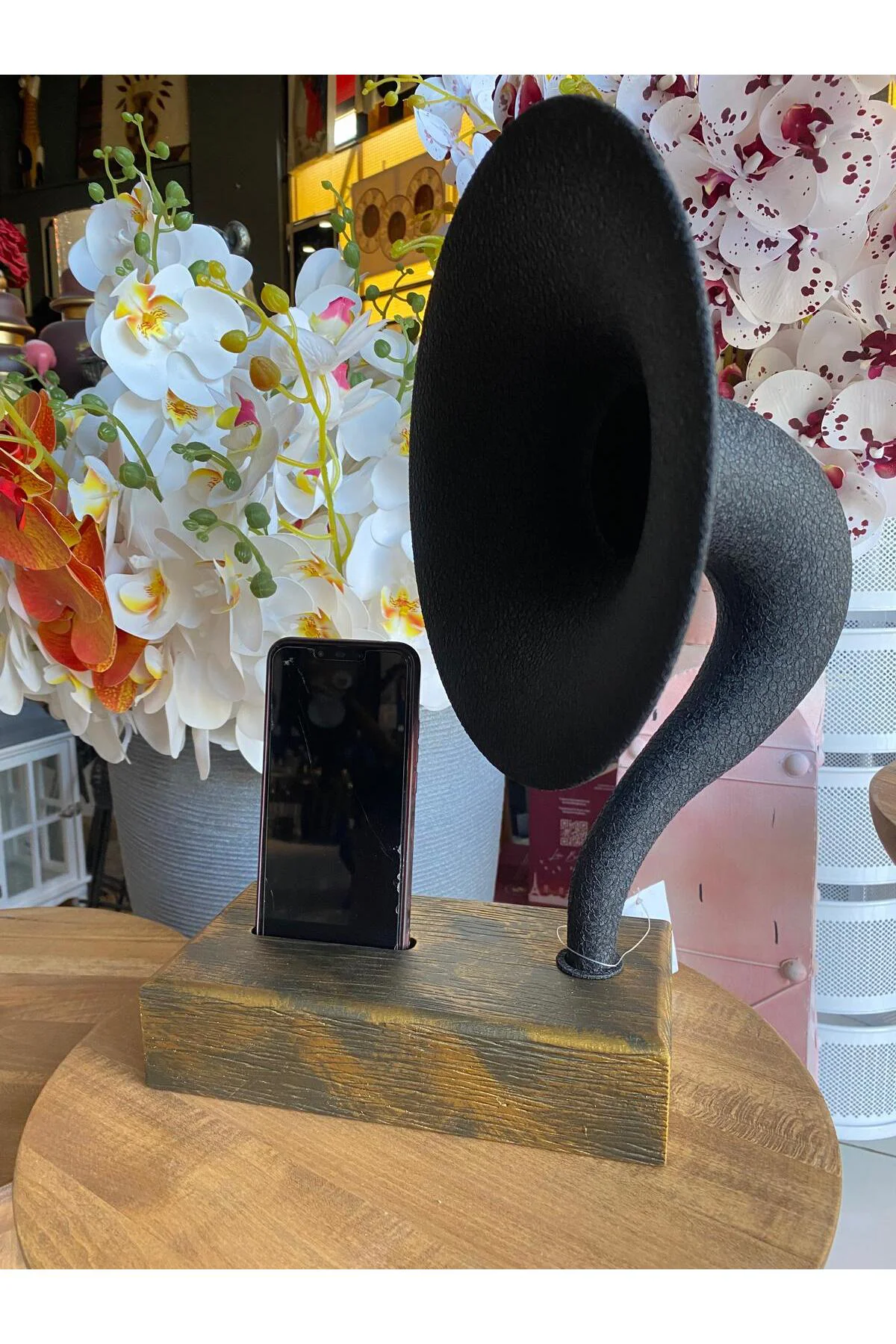 Akustik Gramofon Eskitme Gold Ahşap Gövde / Siyah Metal Başlık