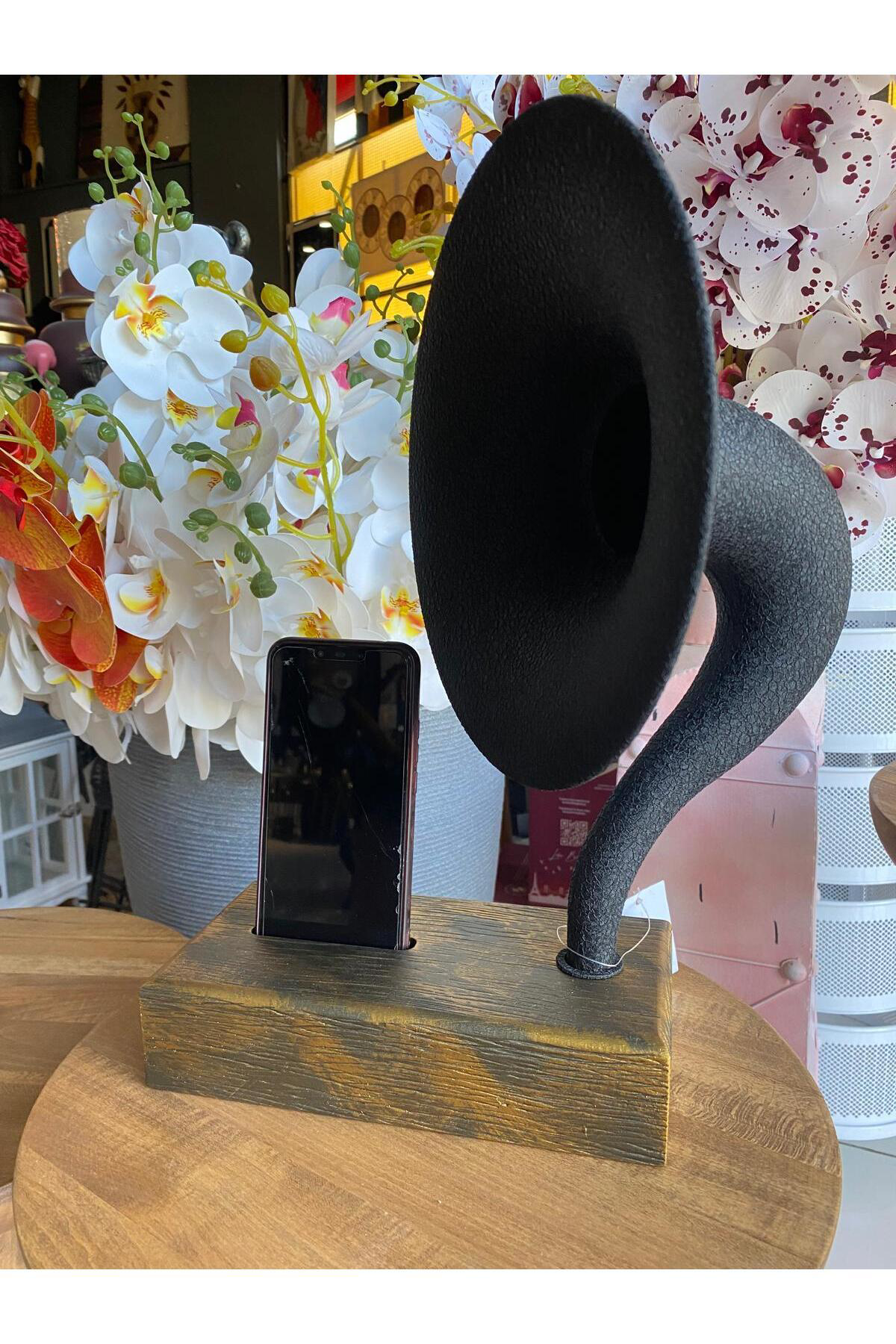 Akustik Gramofon Eskitme Gold Ahşap Gövde / Siyah Metal Başlık