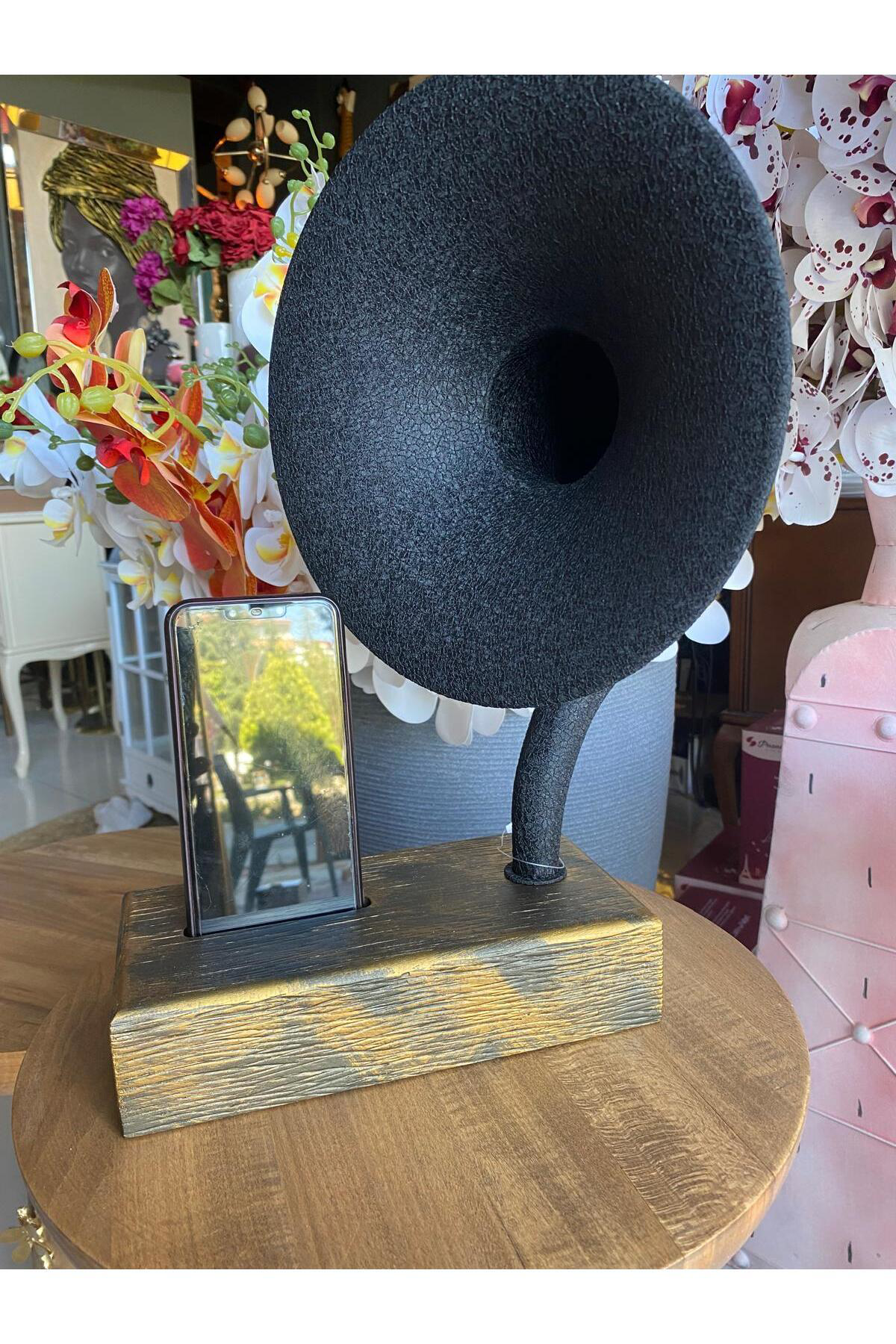 Akustik Gramofon Eskitme Gold Ahşap Gövde / Siyah Metal Başlık