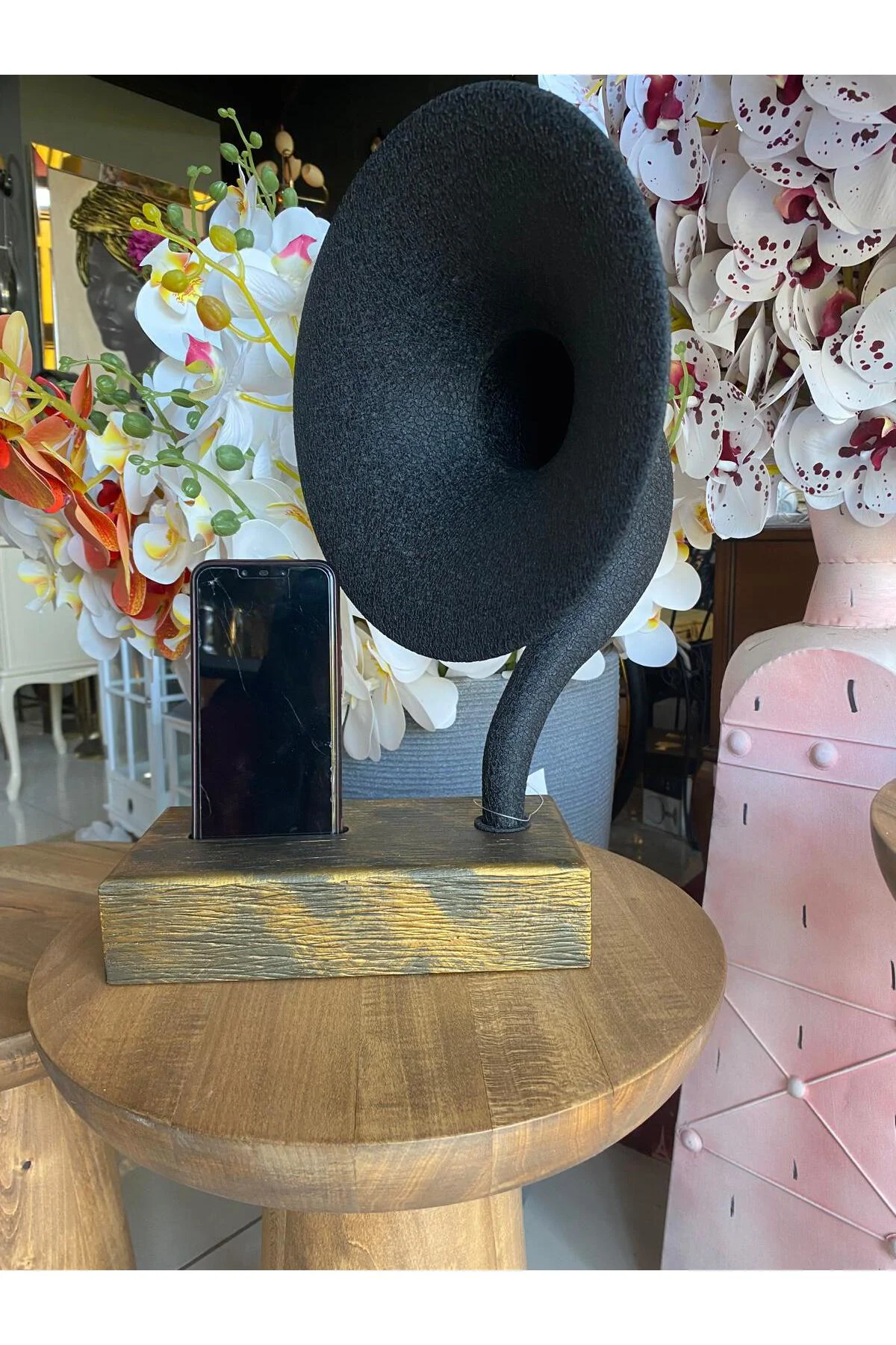 Akustik Gramofon Eskitme Gold Ahşap Gövde / Siyah Metal Başlık