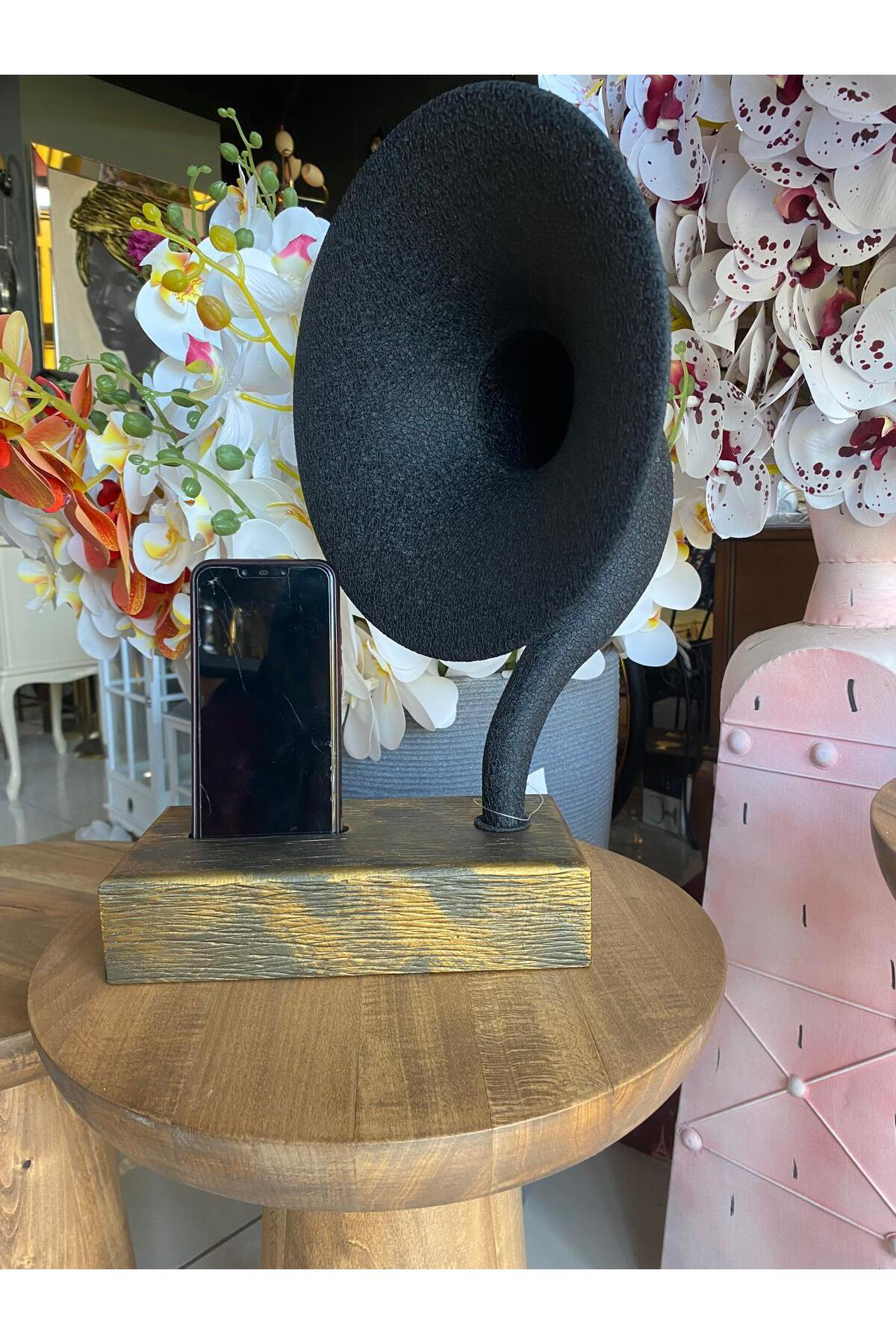 Akustik Gramofon Eskitme Gold Ahşap Gövde / Siyah Metal Başlık